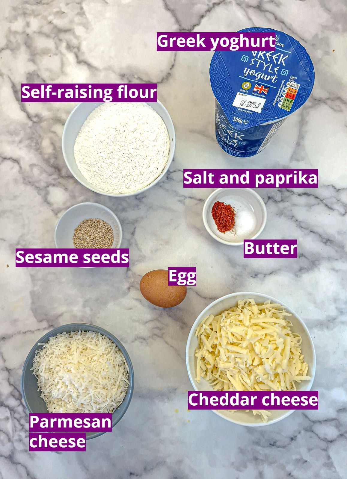 Ingredients for easy cheese straws with 2-ingredient dough.