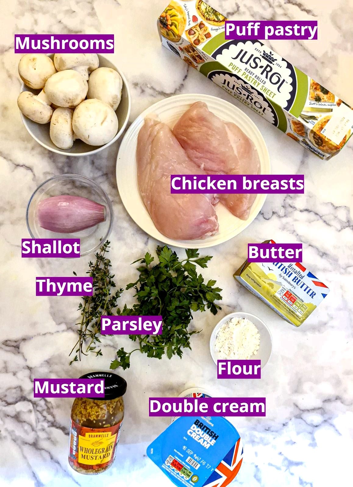 Ingredients for making mushroom-stuffed chicken parcels.