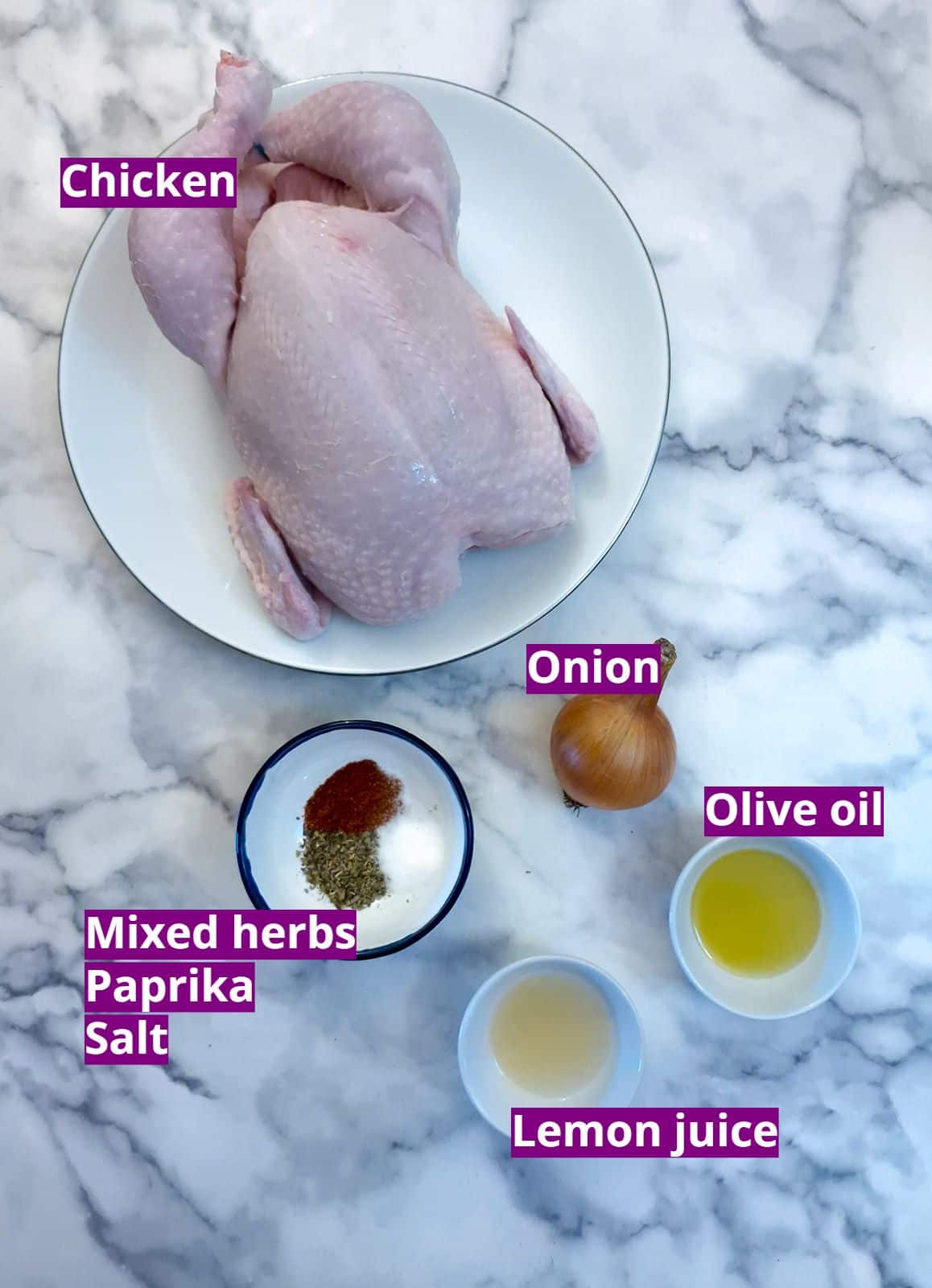 Ingredients for making an air fryer roast chicken.