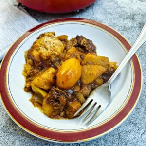 Beef casserole on a red-rimmed plate with a suet dumpling at the side.