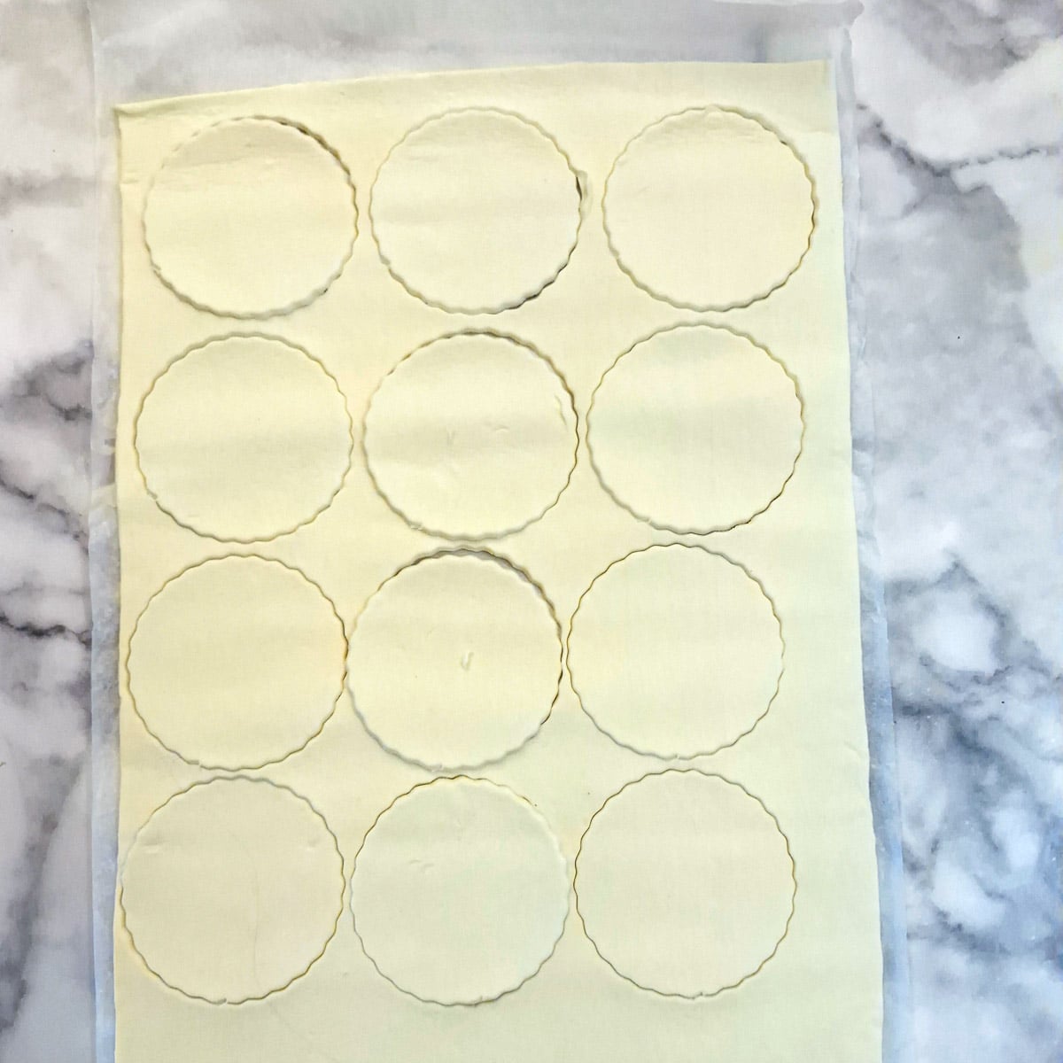 12 rounds cut from a sheet of puff pastry.
