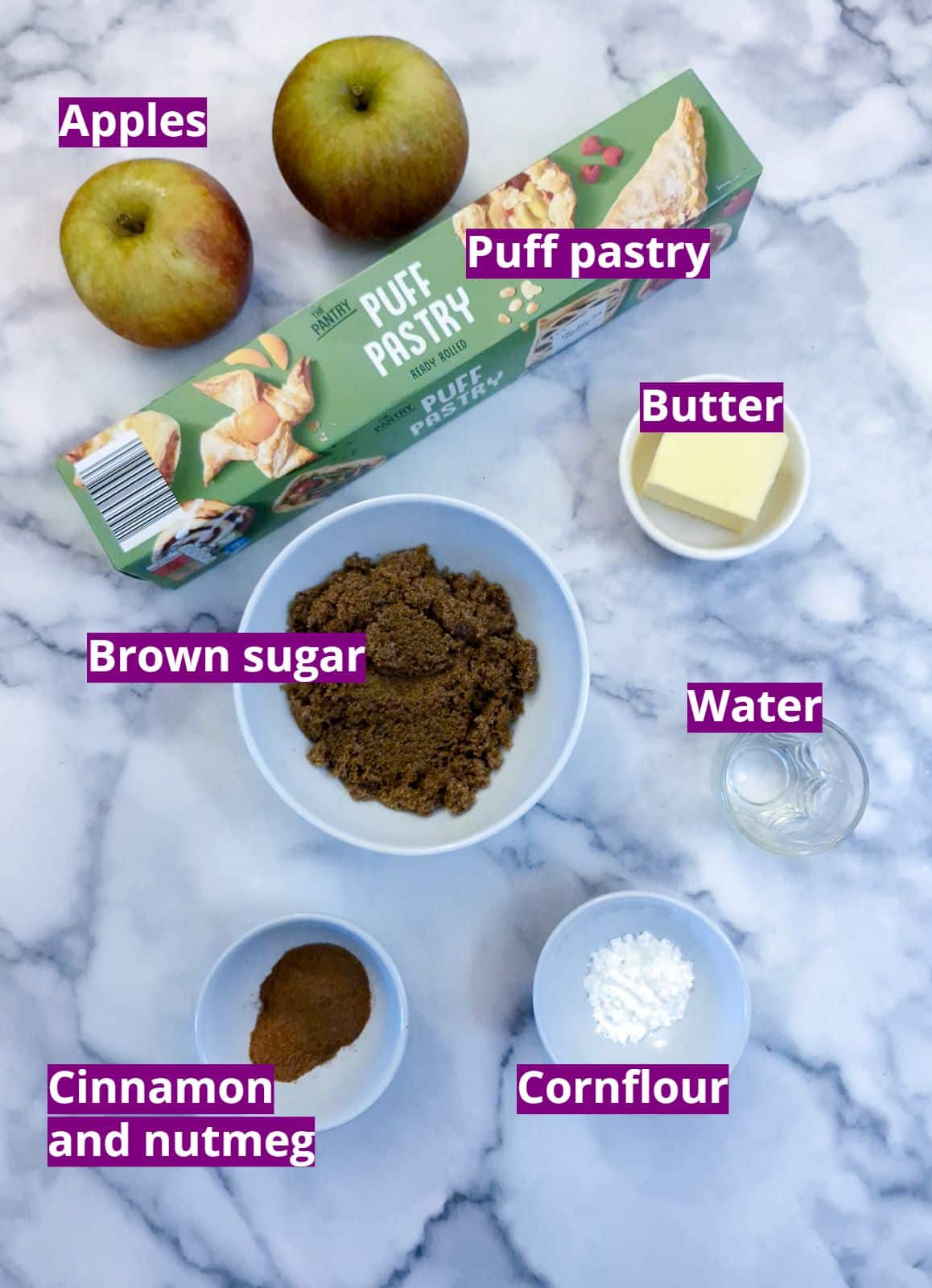 Ingredients needed for caramel apple pies.