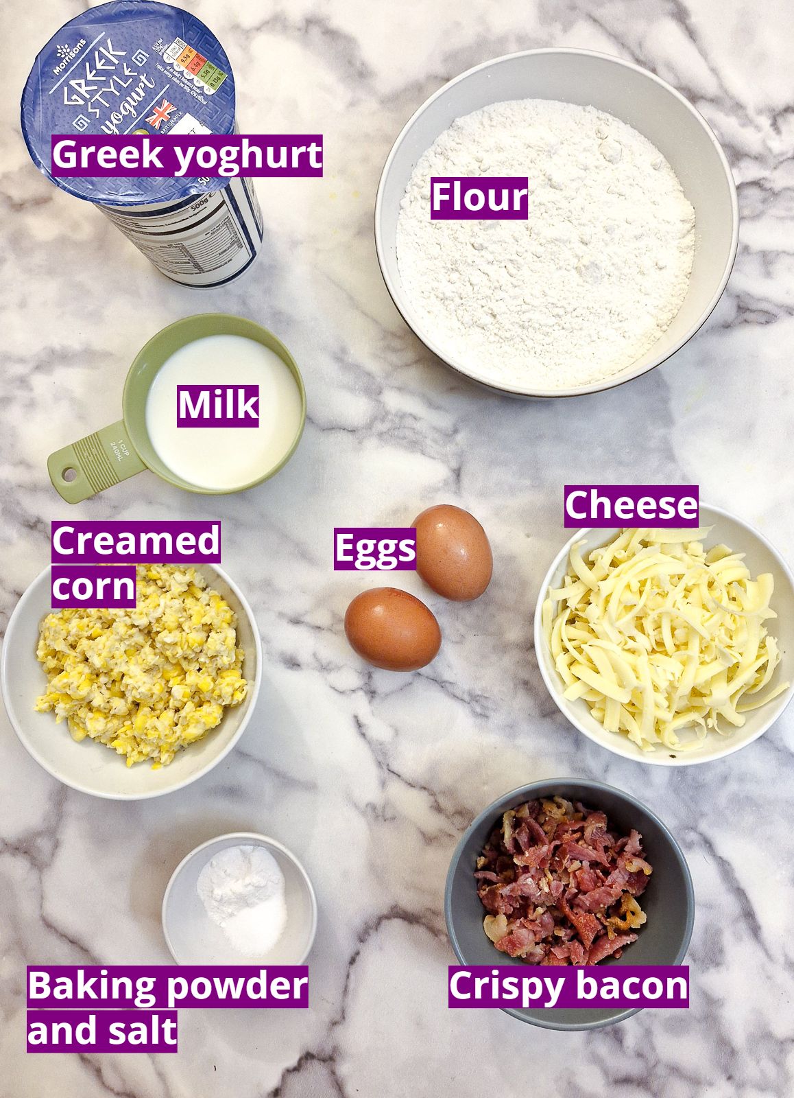 Ingredients for making cheese and bacon cornbread muffins.