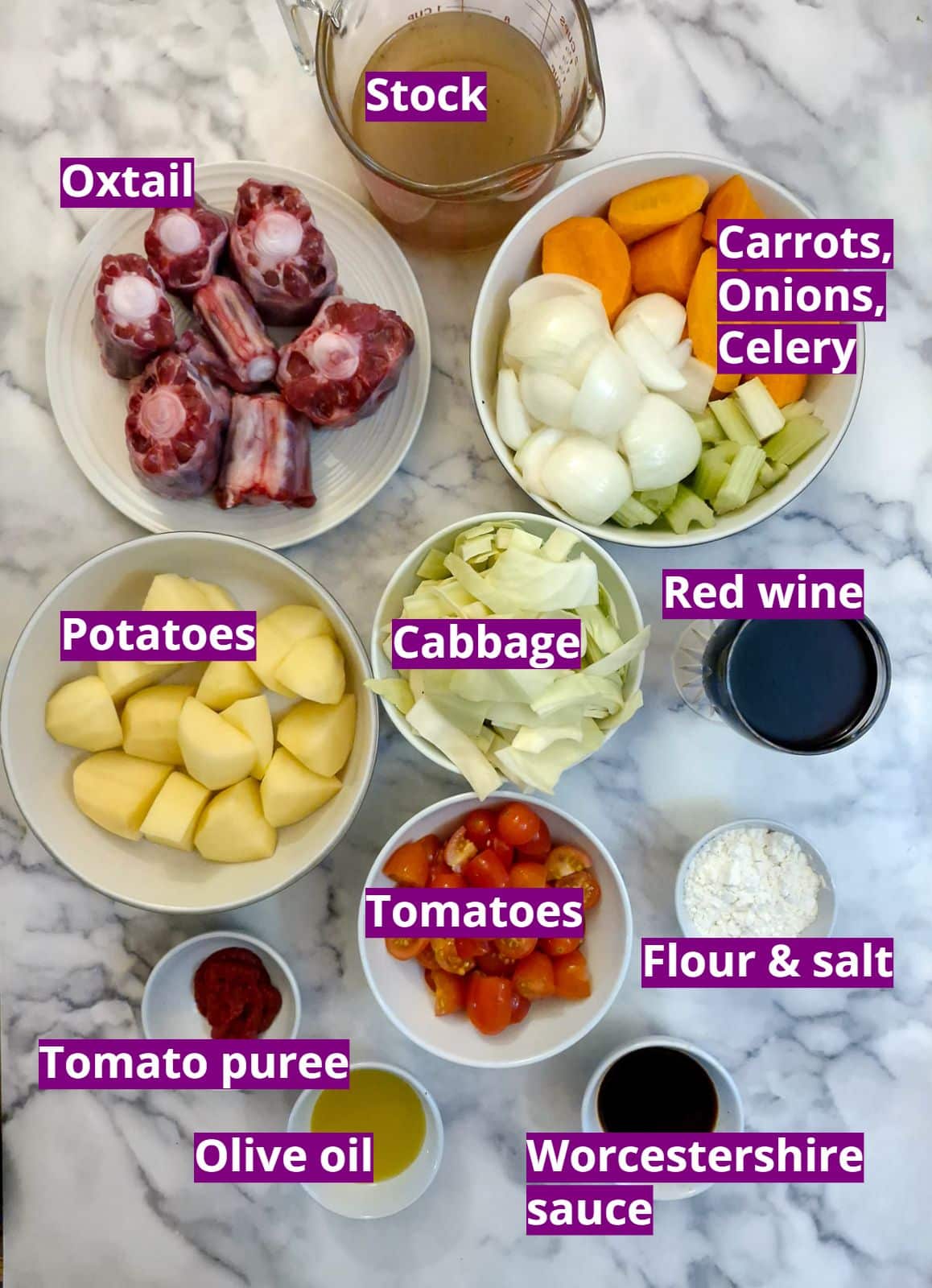 Ingredients for slow cooker oxtail stew.