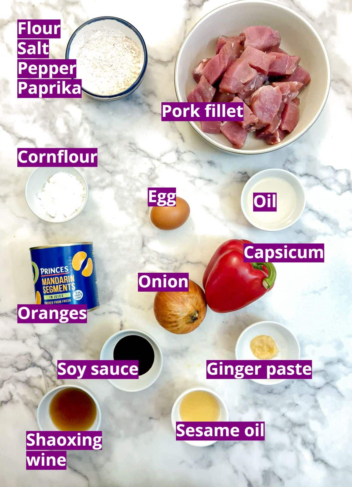 Ingredients for making crispy pork and orange stir fry.