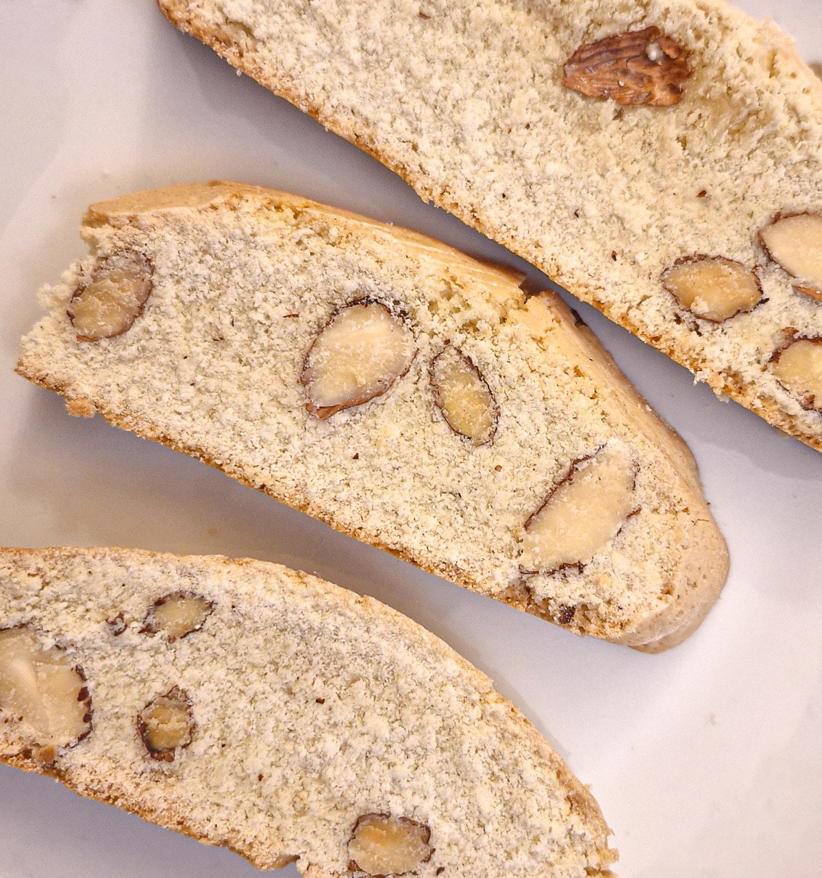 Close up of 3 almond biscotti.