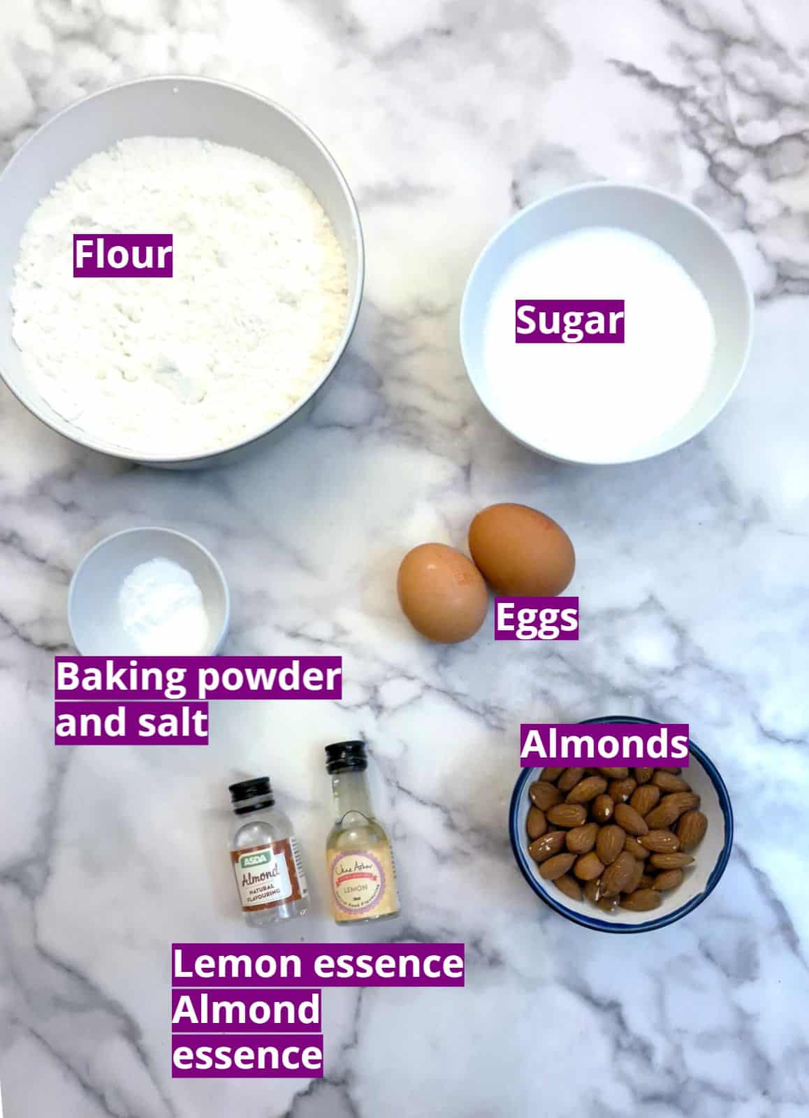 Ingredients for making almond biscotti.