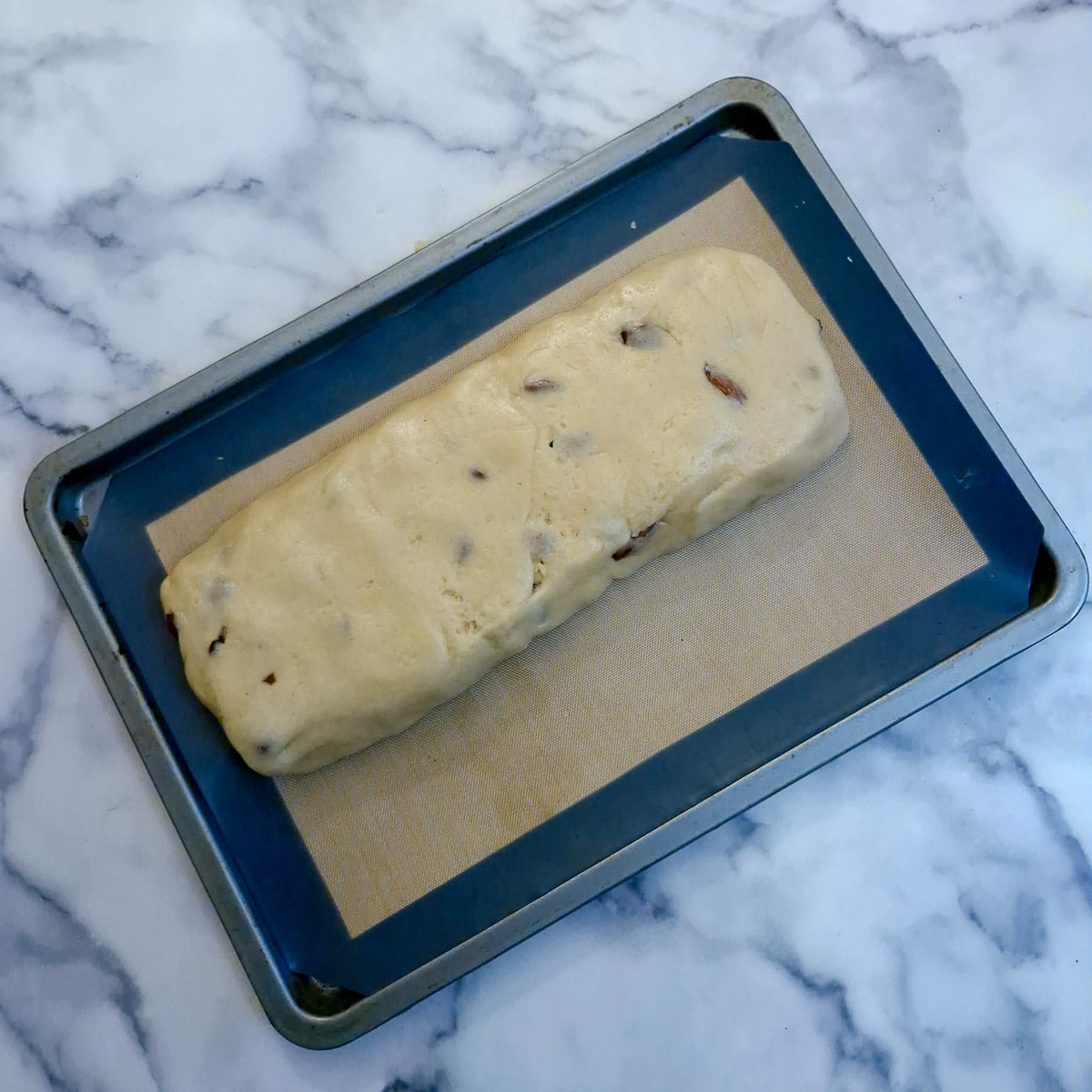 Biscotti dough formed into a log-shape and placed on a baking tray.