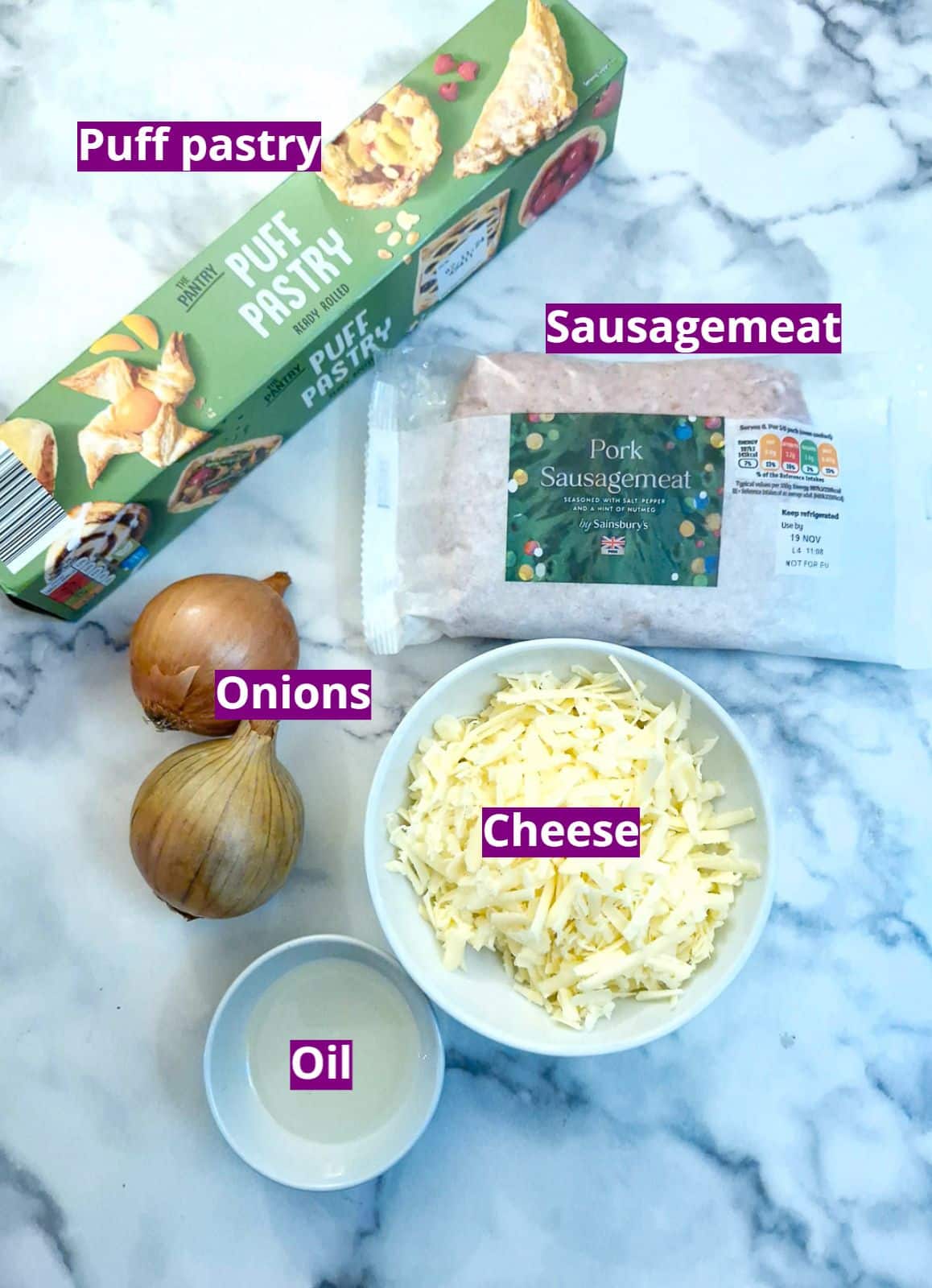 Ingredients needed for sausage and onion pinwheels.