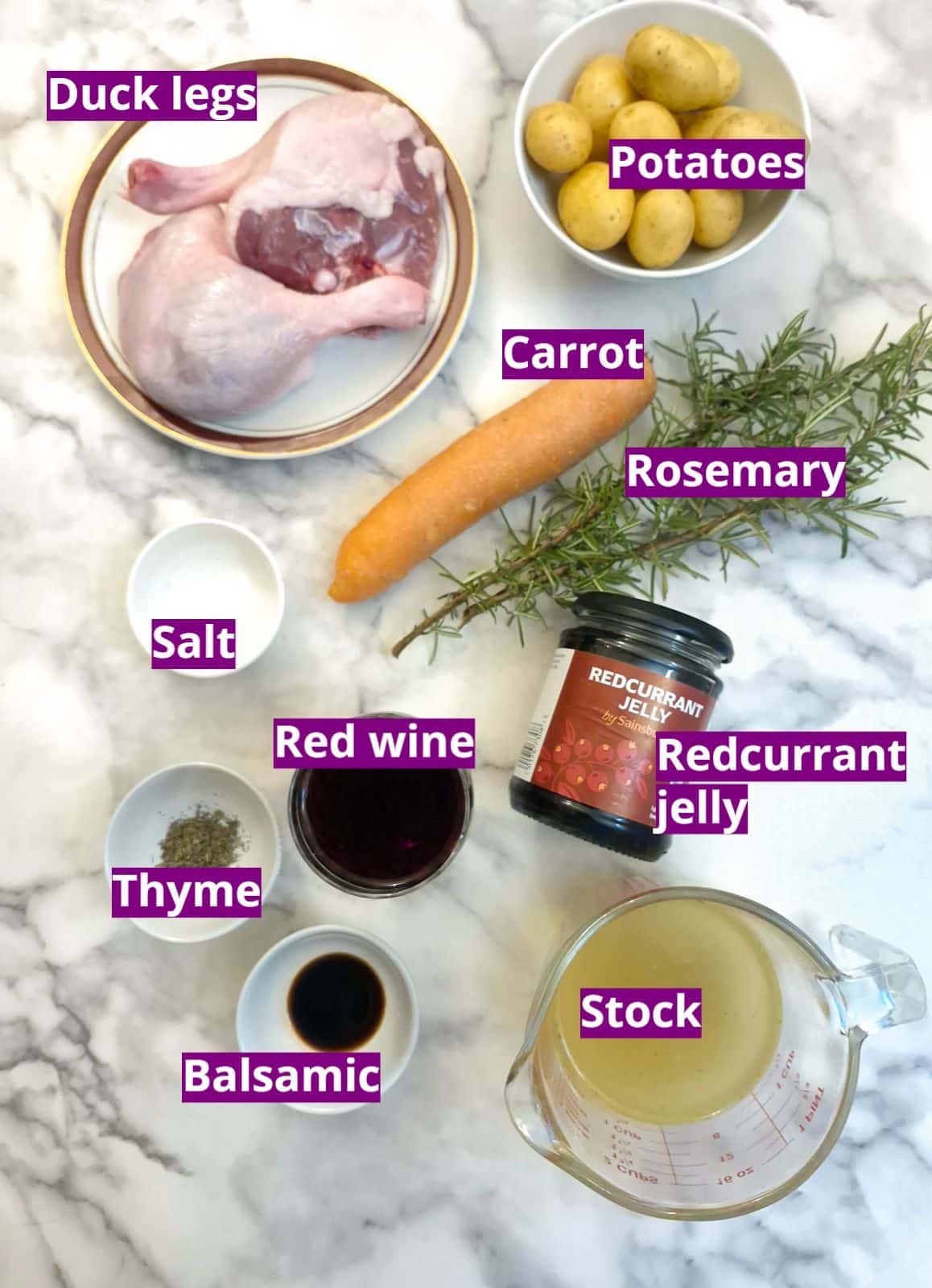 Ingredients for duck legs in red wine sauce.