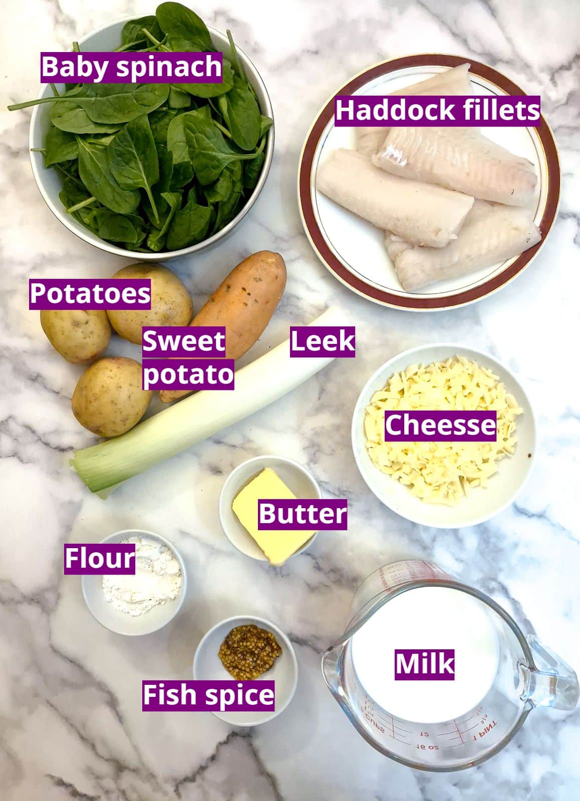 Ingredients you will need to make haddock au gratin.