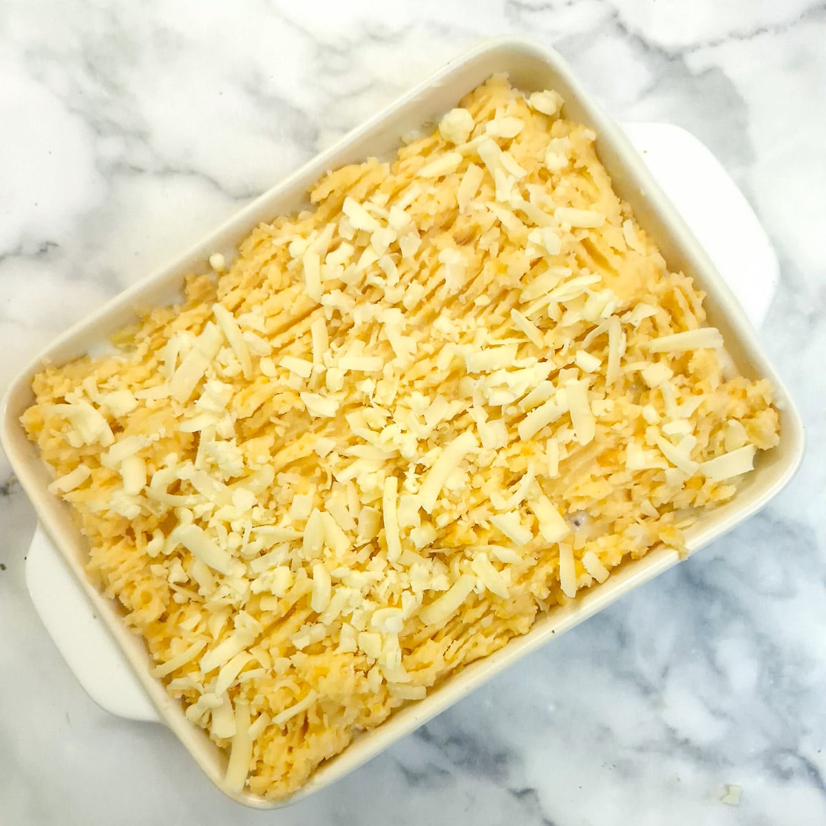 Grated cheese on top of the haddock au gratin.
