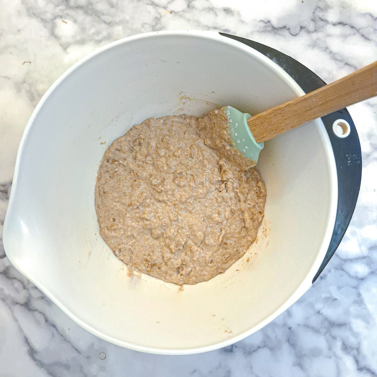 A bowl of mixed bran muffin batter.