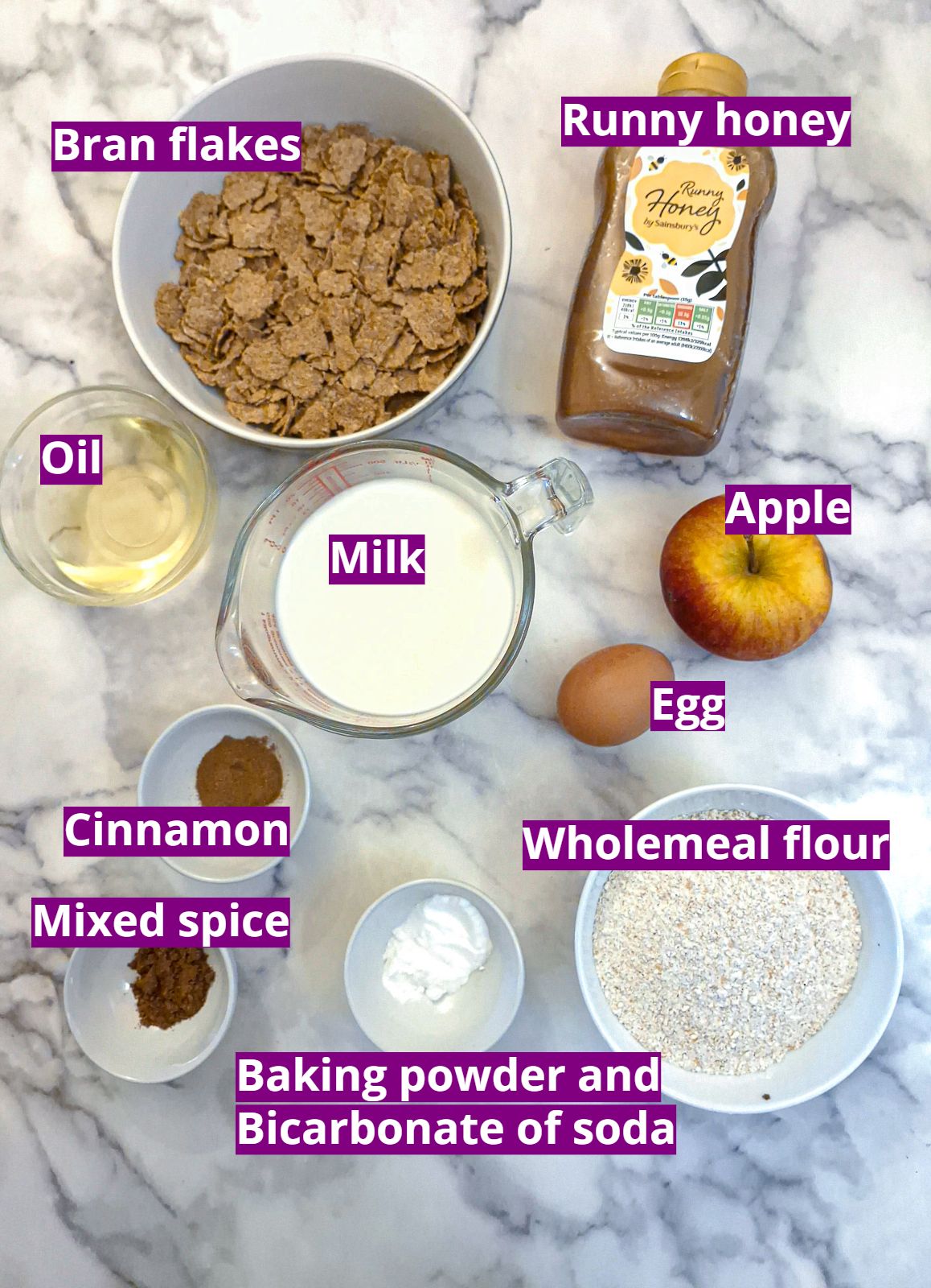 Ingredients for making bran flake honey muffins.