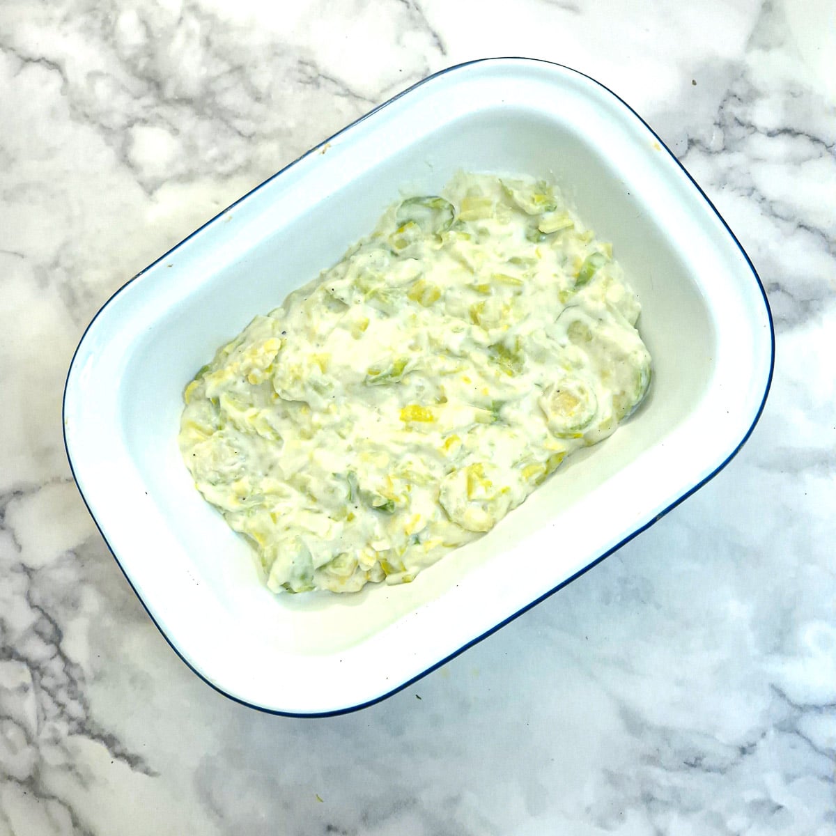 The thickened sauce in a casserole dish.