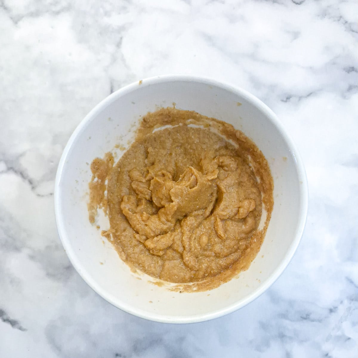 Gravy and vegetables blended to a thick paste in a smal white bowl.