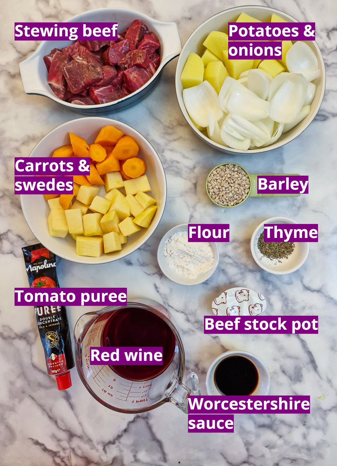 Ingredients you will need to make a hearty beef stew.