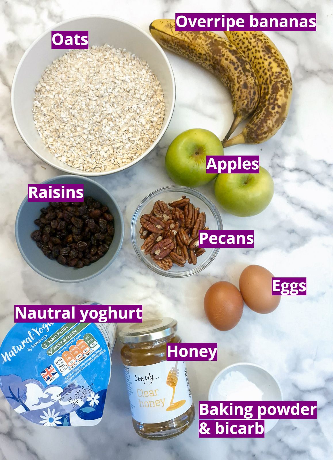 Ingredients for making a honey oat apple and banana cake.
