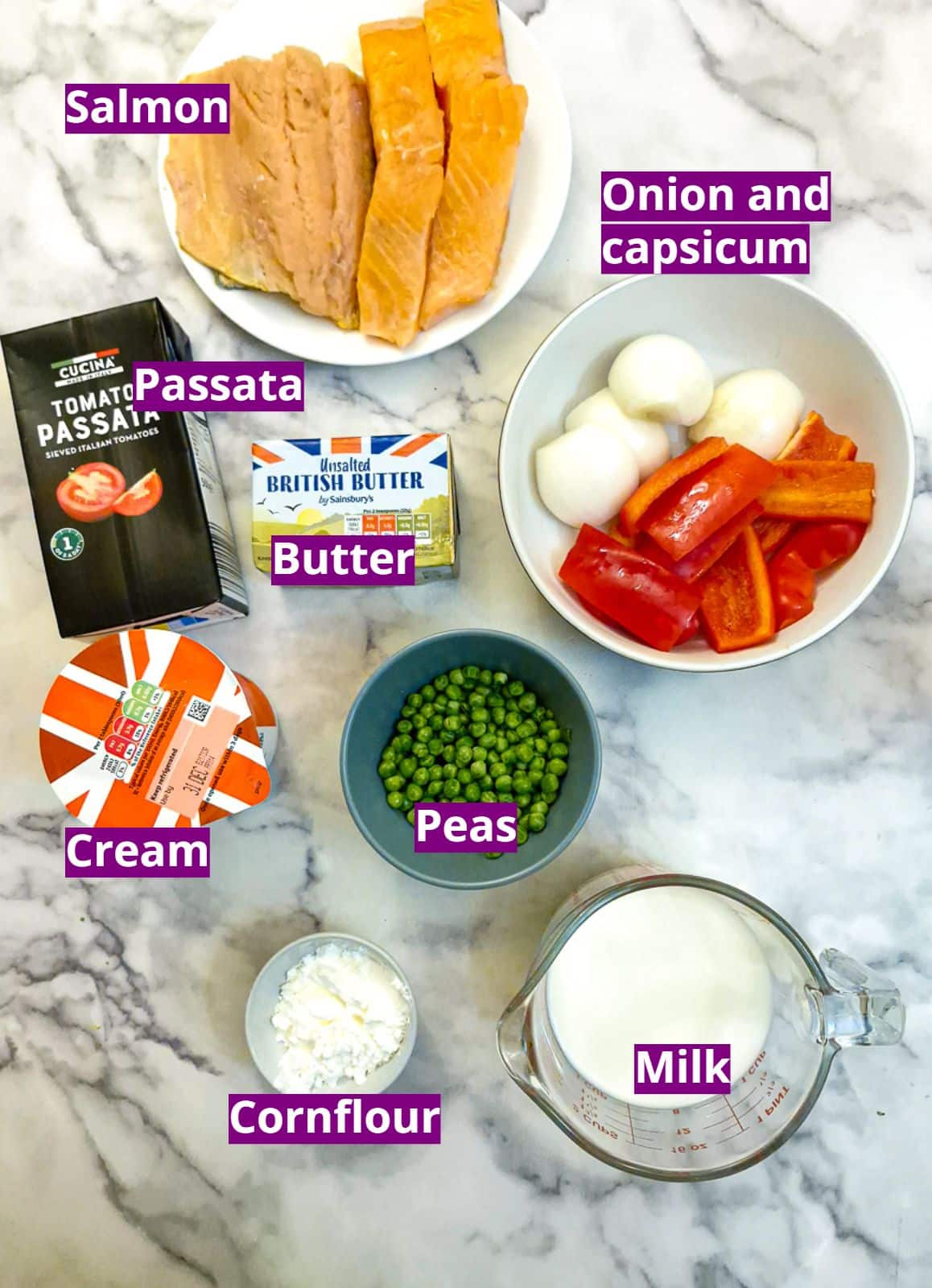 Ingredients needed to make poached salmon with red pepper sauce.