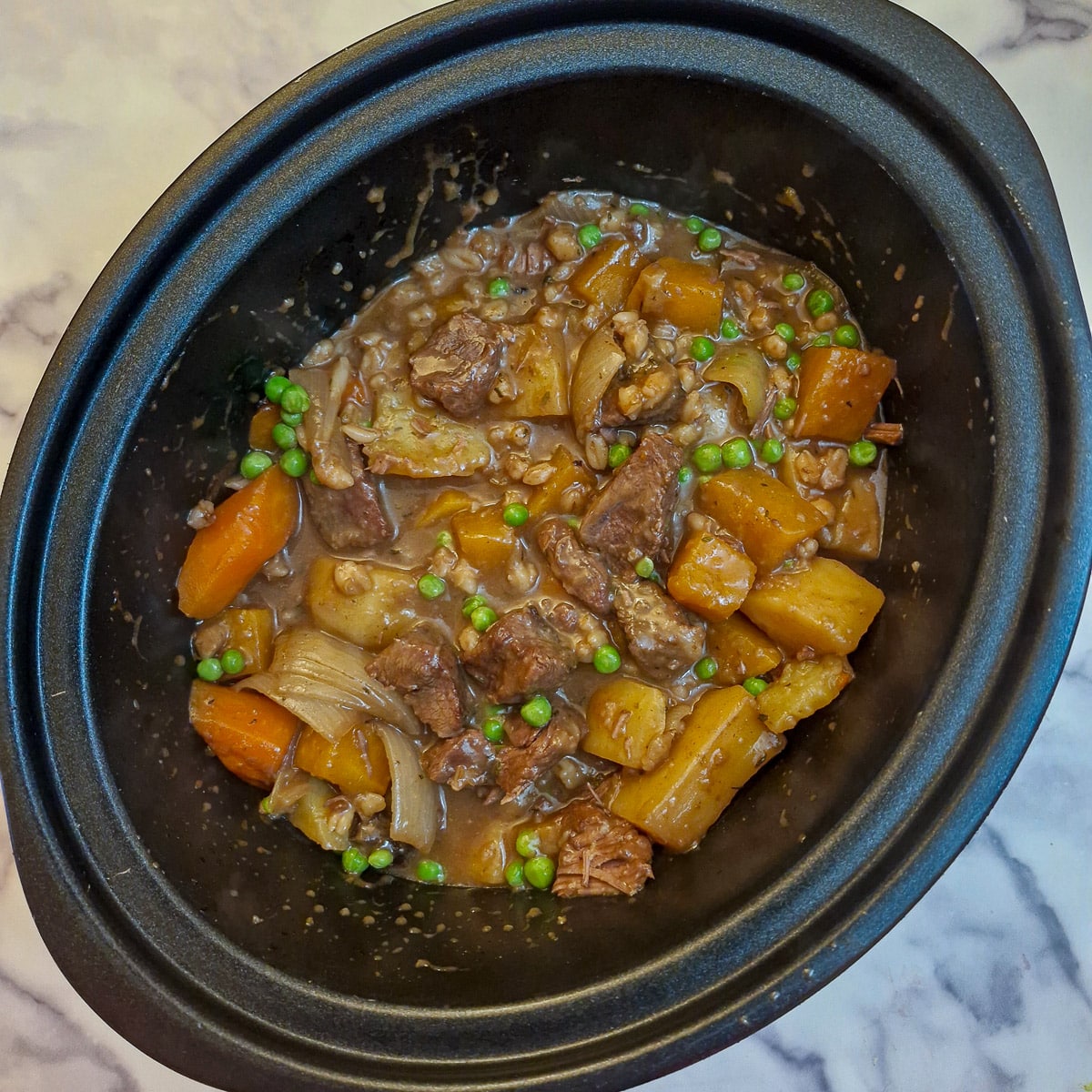 Peas added to the beef stew.