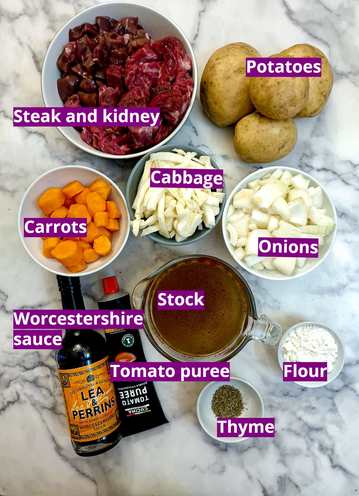 Ingredients for making steak and kidney hotpot.