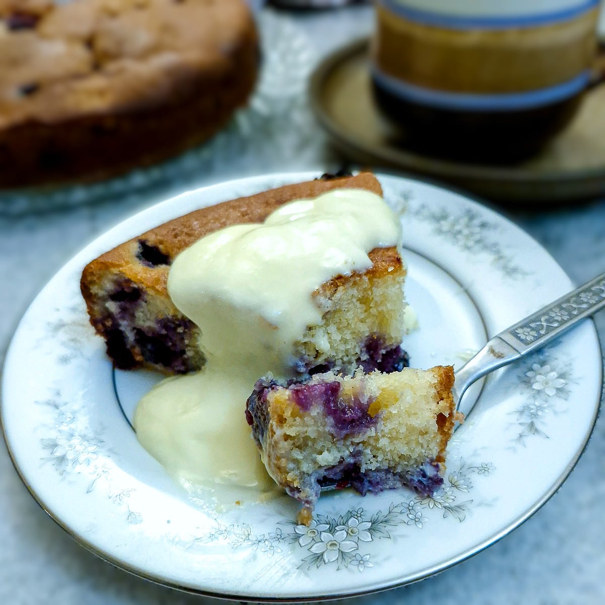 A slice of blueberry sponge cake on a plate drizzled with homemade custard.