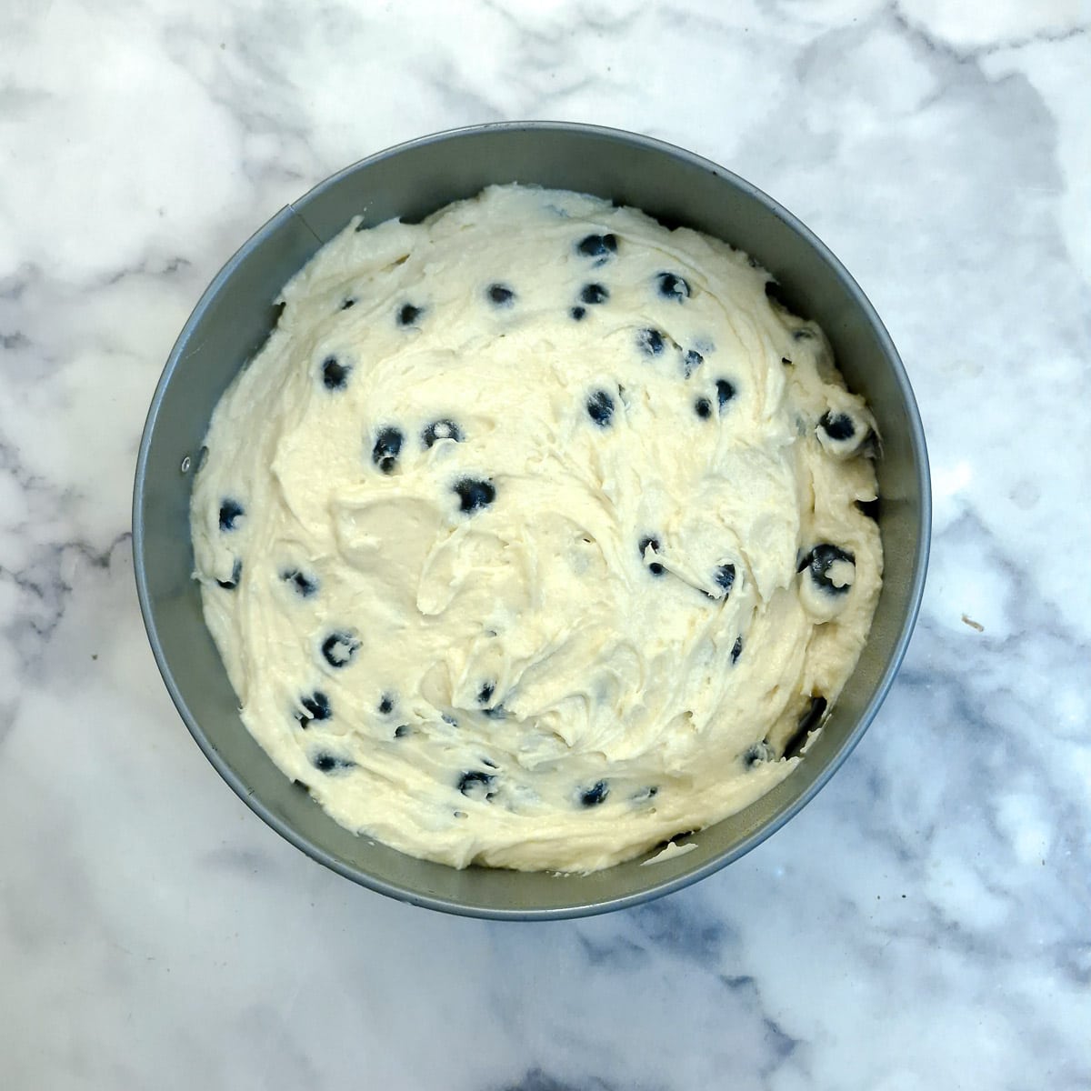 Unbaked blueberry sponge cake batter in a round cake tin.