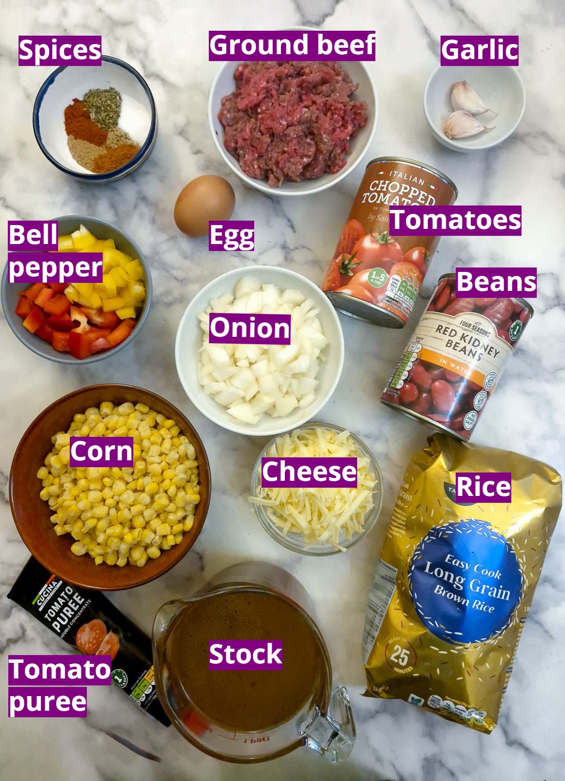 Ingredients for chilli con carne rice casserole with corn topping.