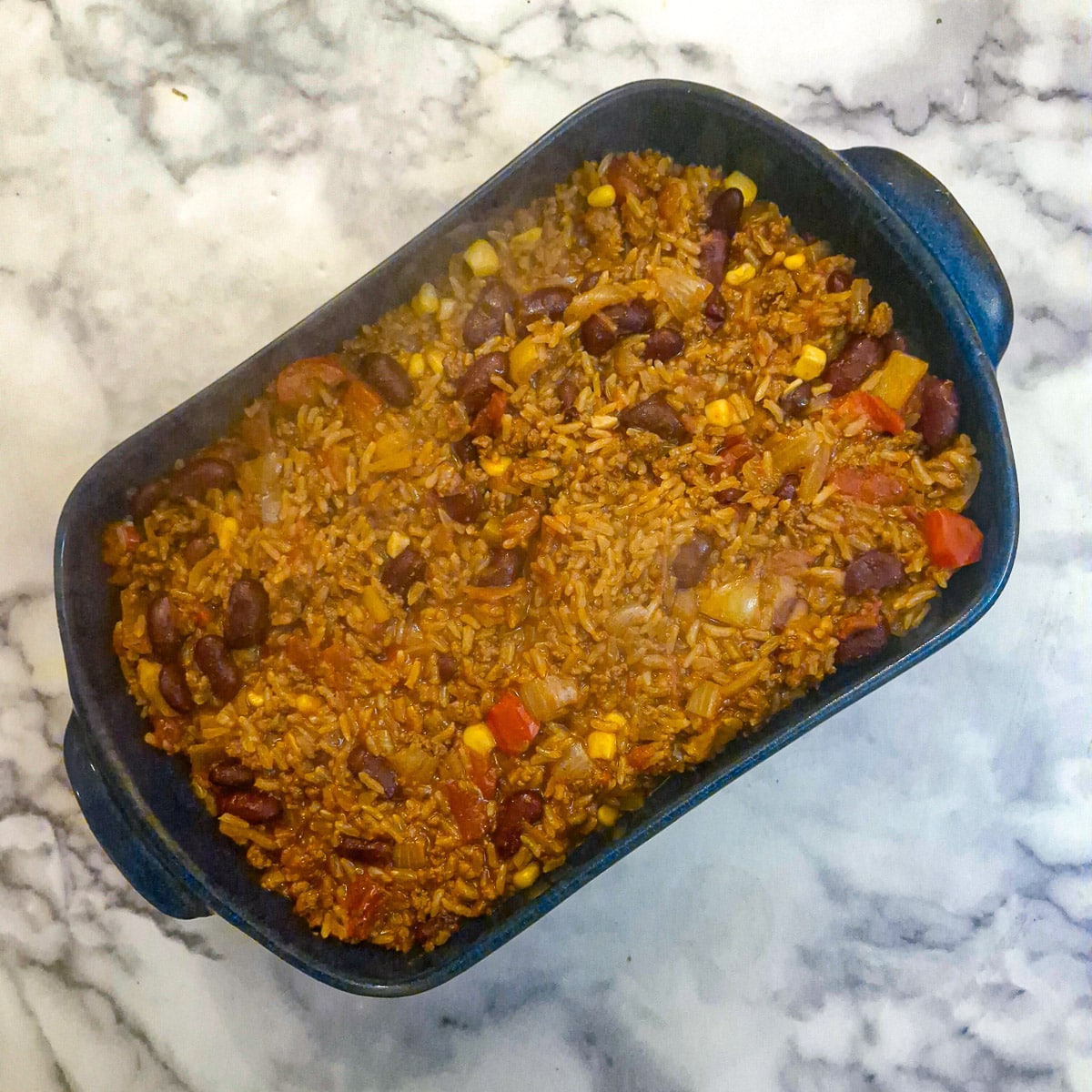 Chilli con carne in a casserole dish.