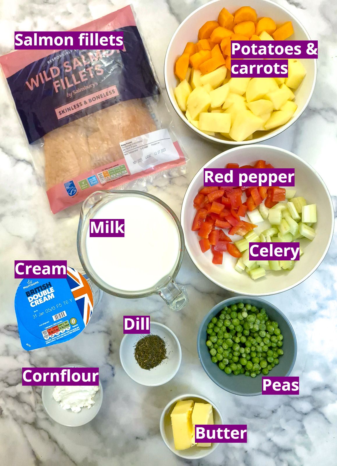 Ingredients needed to make creamy salmon chowder..