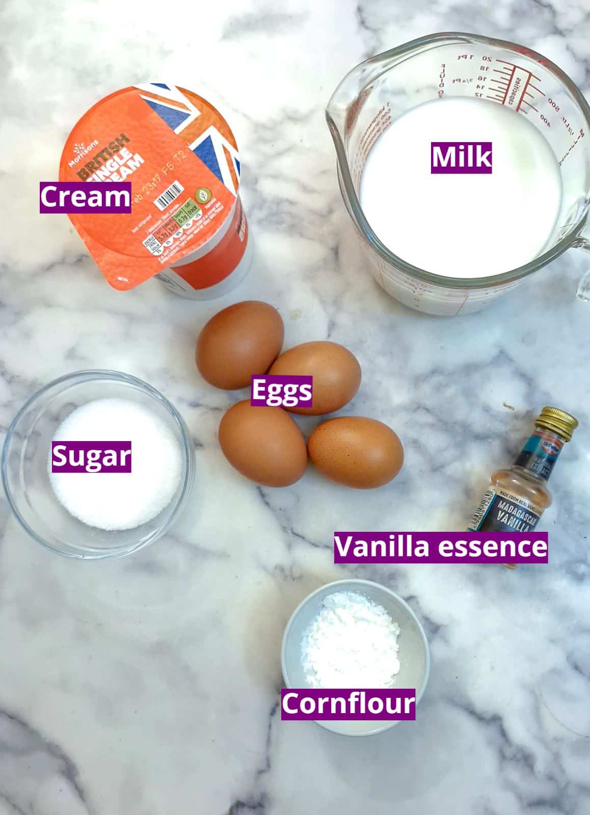 Ingredients you will ne to make vanilla custard.