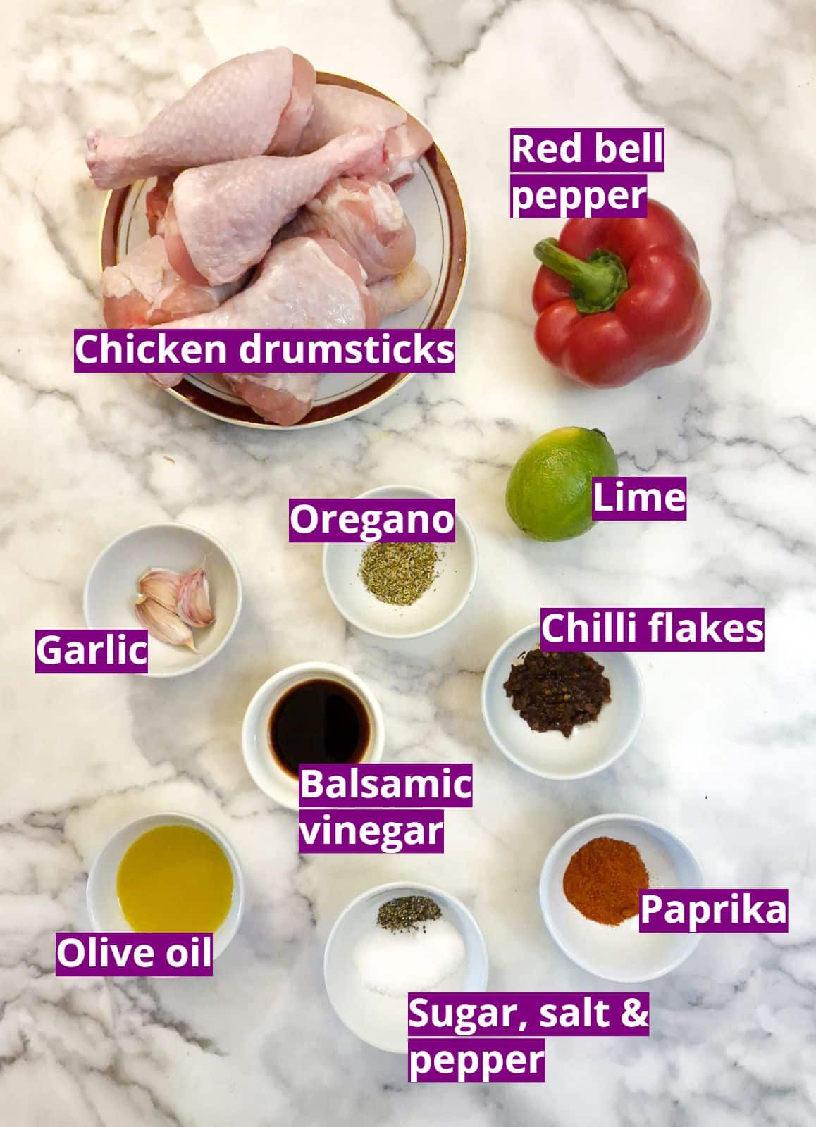 Ingredients for making peri peri chicken with homemade marinade.