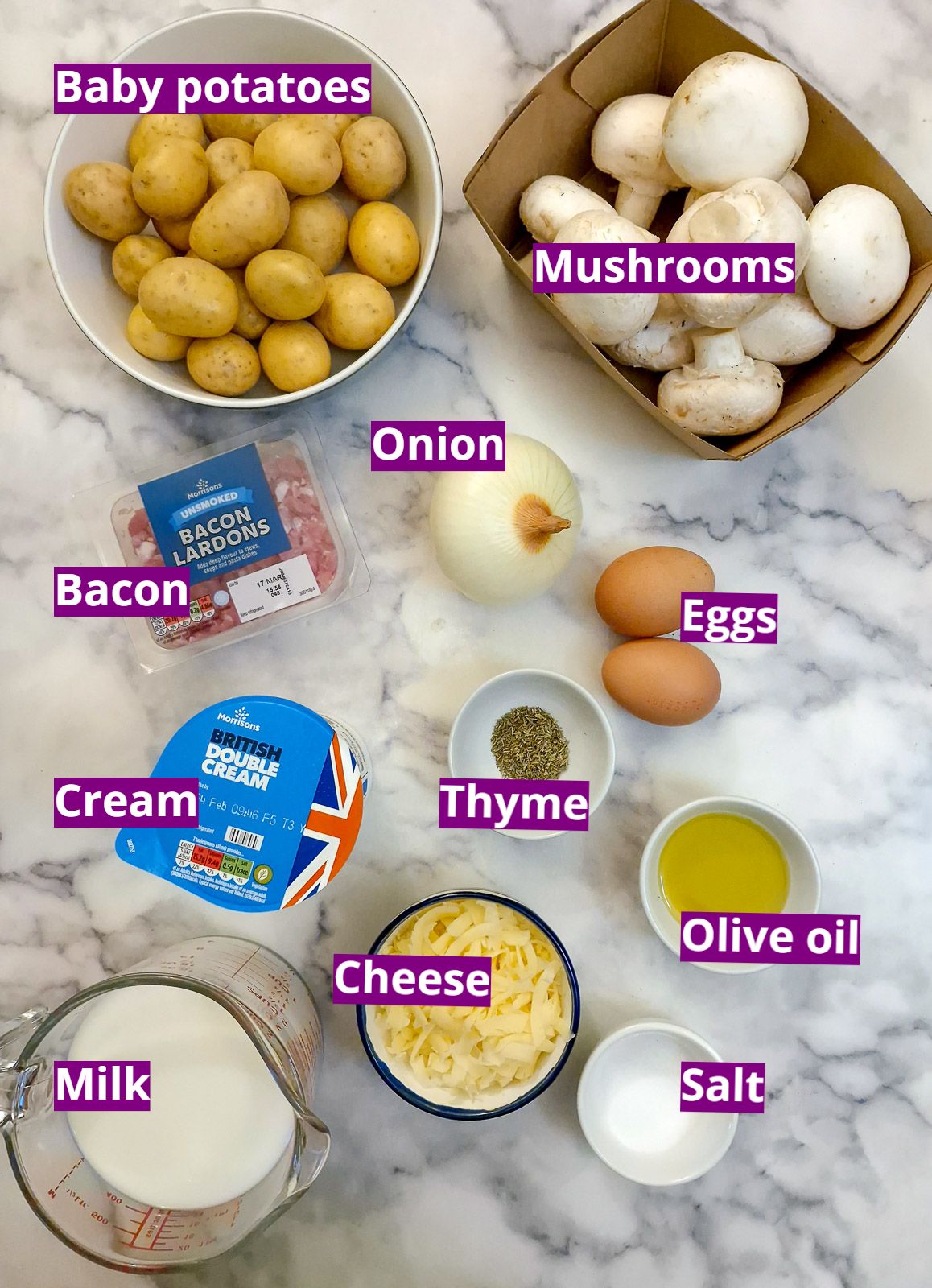 Ingredients you will need for making this bacon and mushroom potato crust tart.
