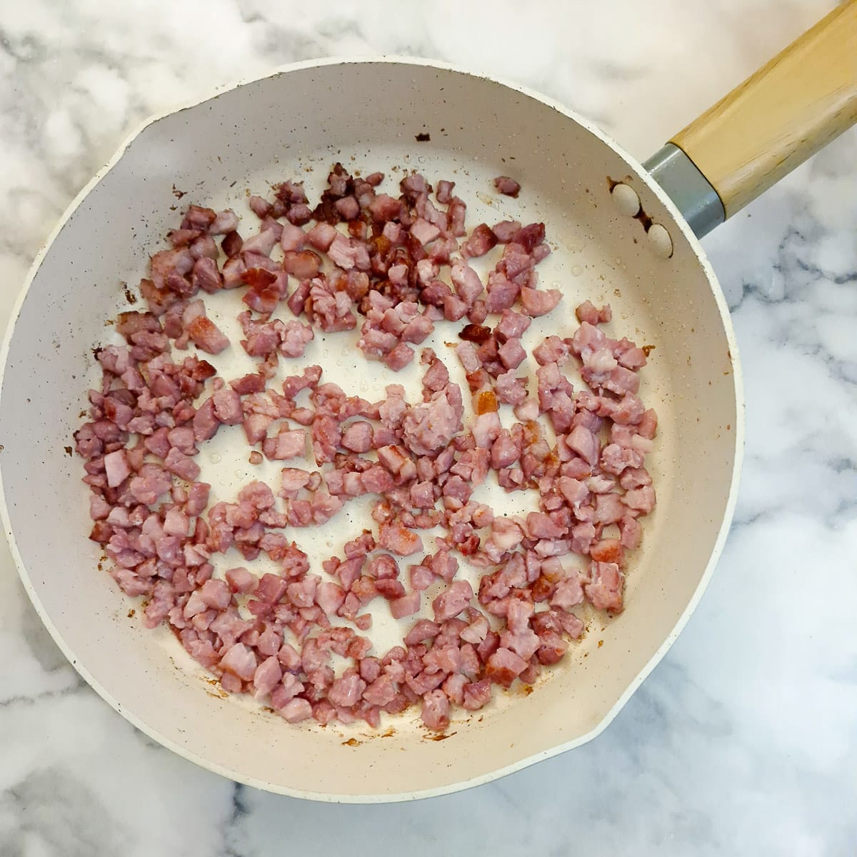Bacon lardons in a frying pan,