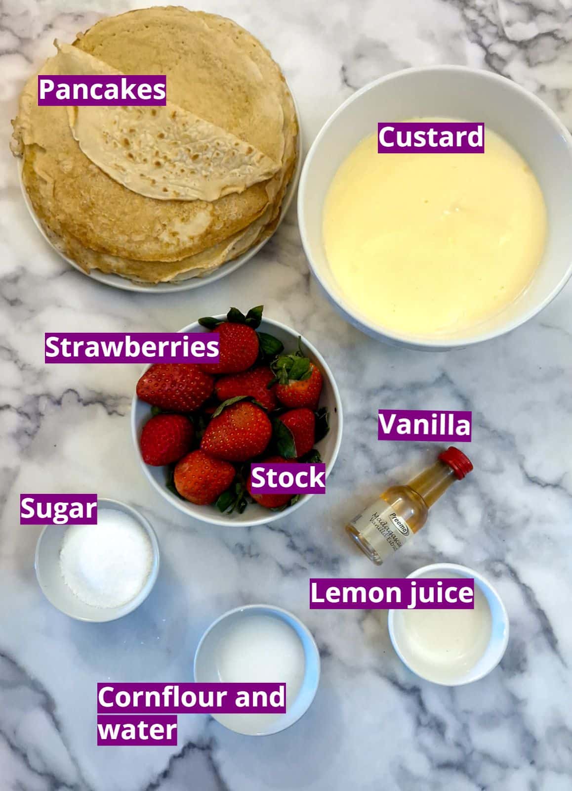 Ingredients for strawberry custard pancake cake.