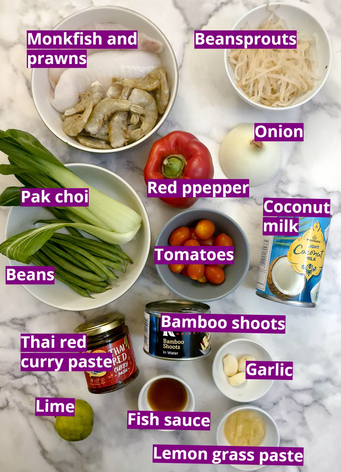 Ingredients for Thai prawn and monkfish curry.