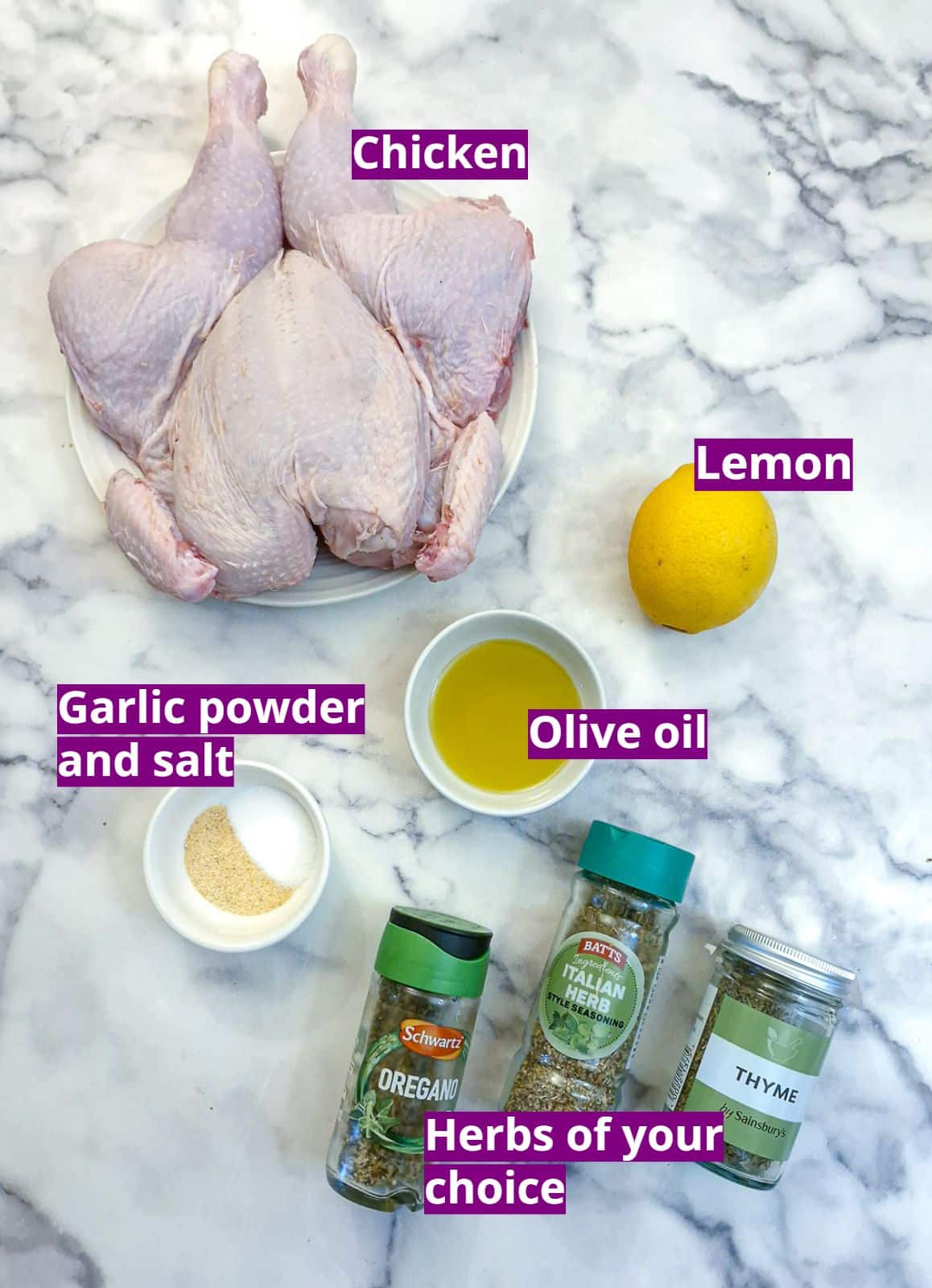 Ingreients for an air fryer lemon and herb spatchcock chicken.