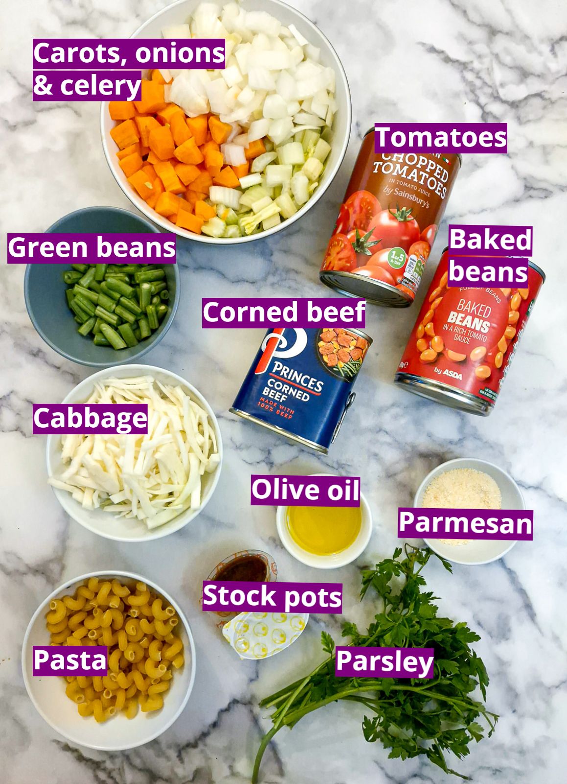 Ingredients needed to make bully beef minestrone.