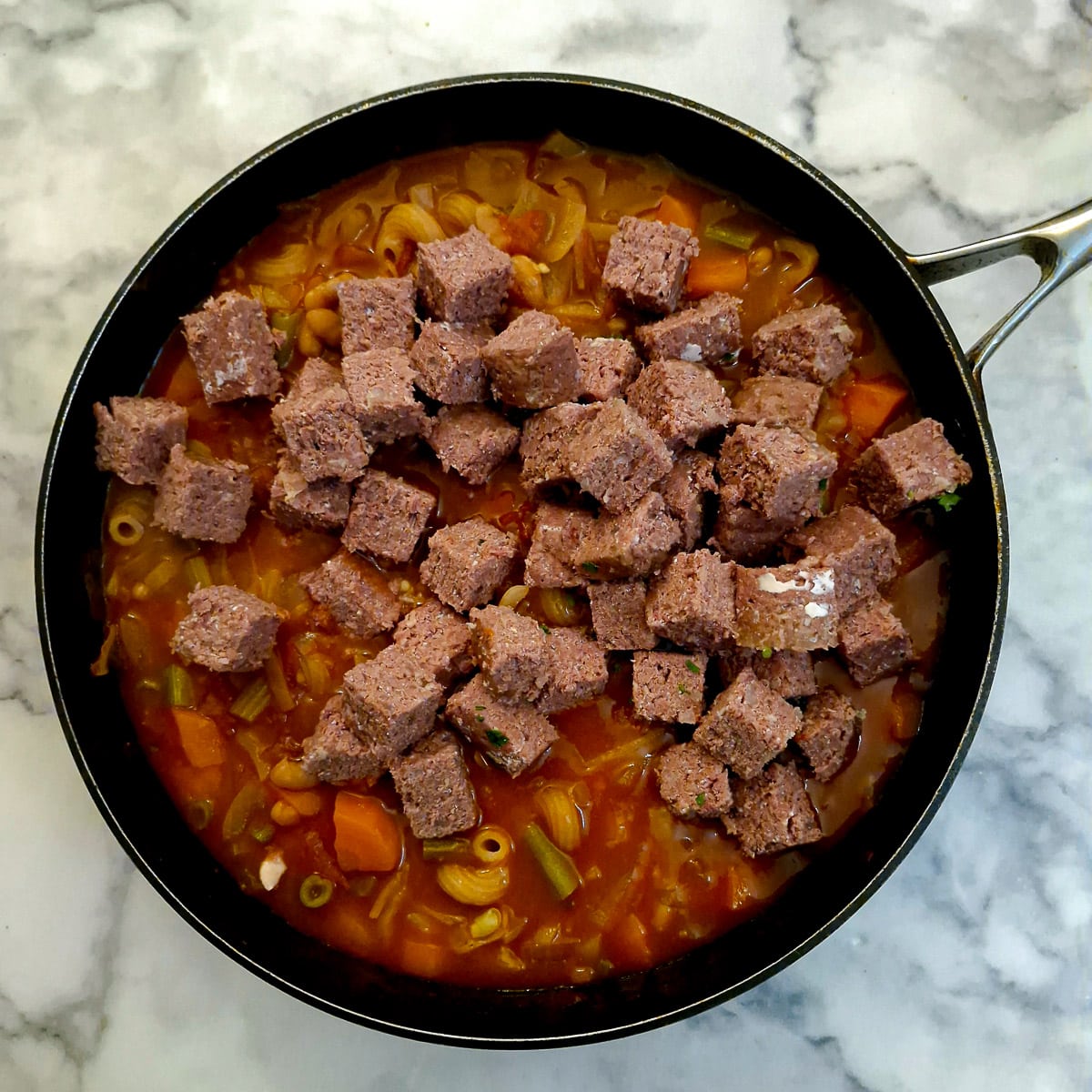 Cubed bully beef added to the minestrone.