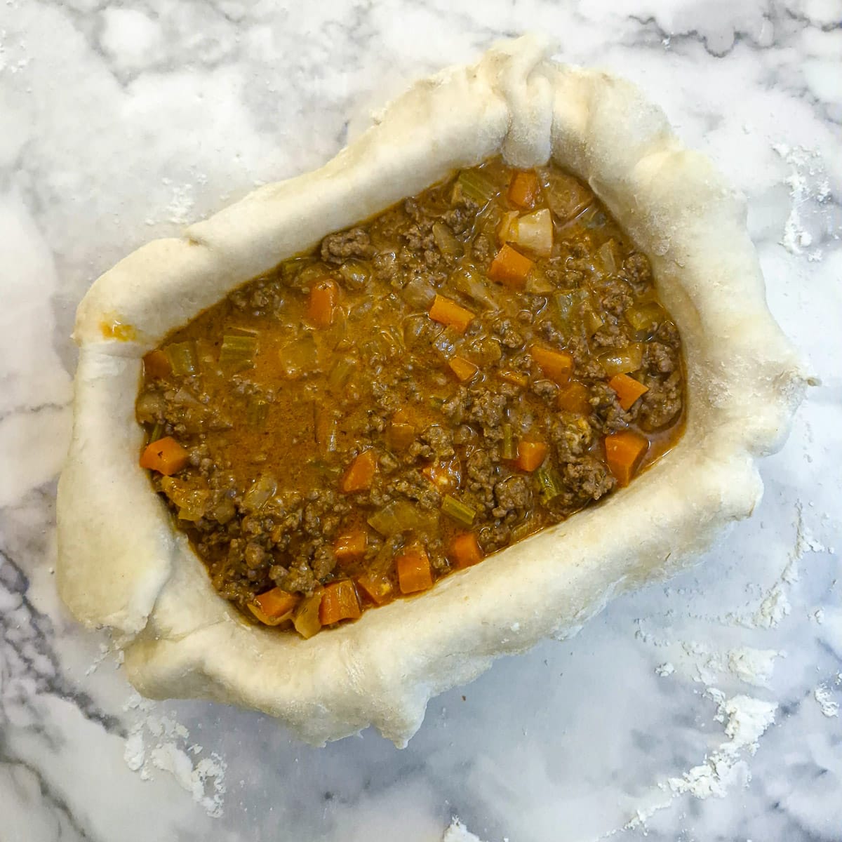 Meat pie filling in a pastry shell.