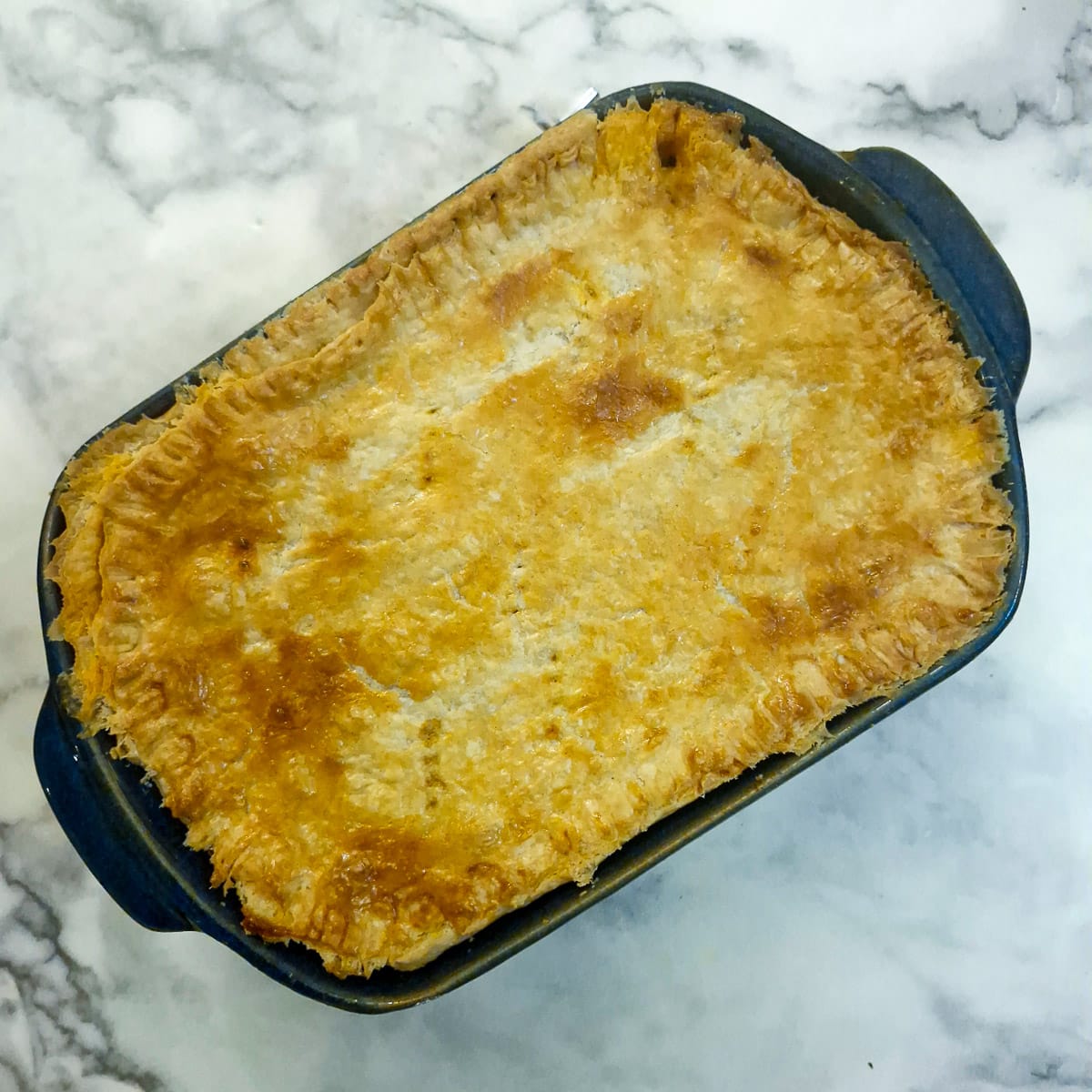 A browned cooked meat pie in a baking dish.