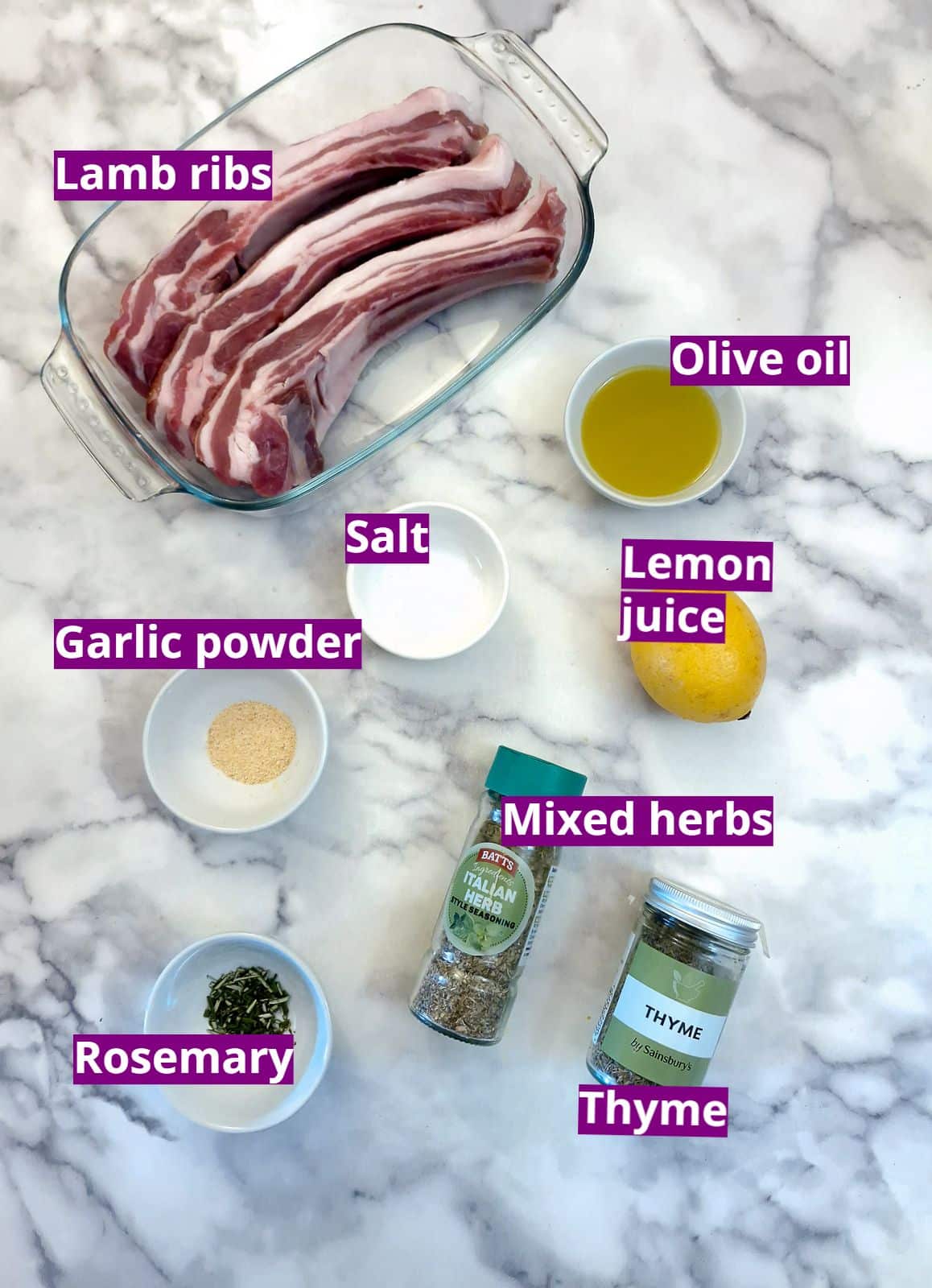 Ingredients for making lemon and herb lamb ribs.