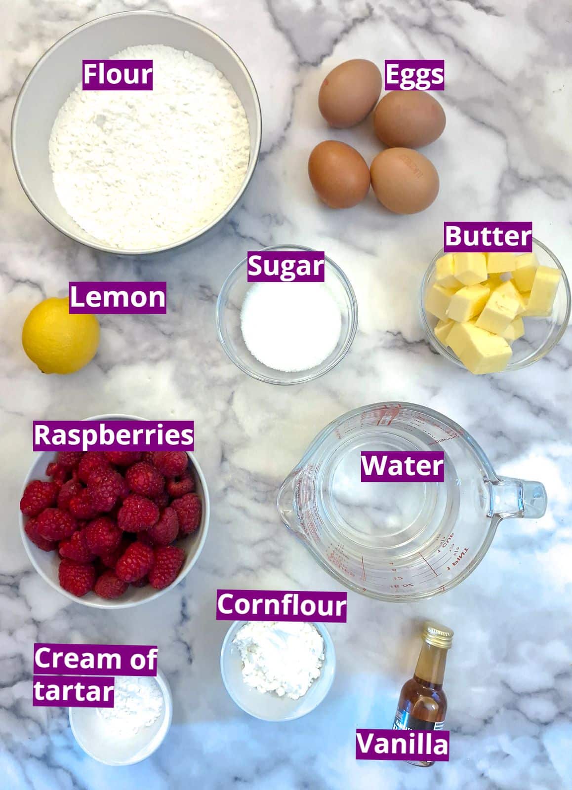 Ingredients you will need to make a raspberry meringue tart.