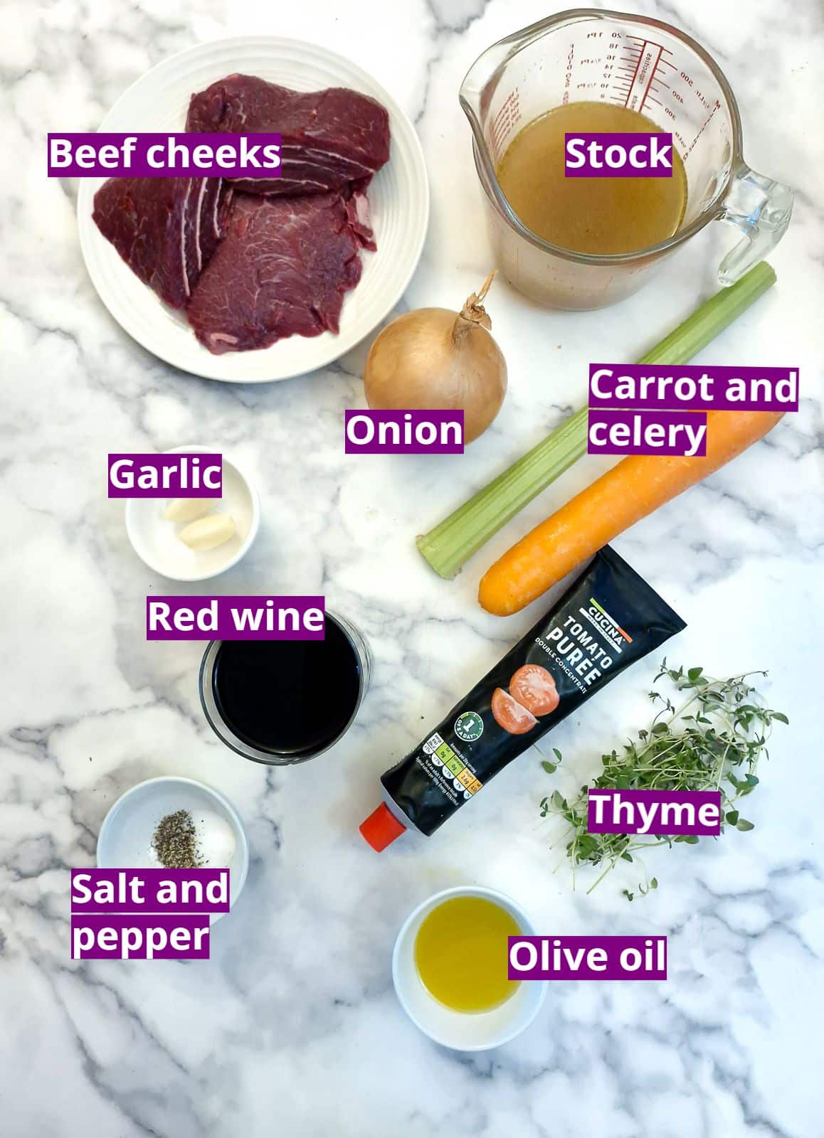 Ingredients for making slow-braised beef cheeks.