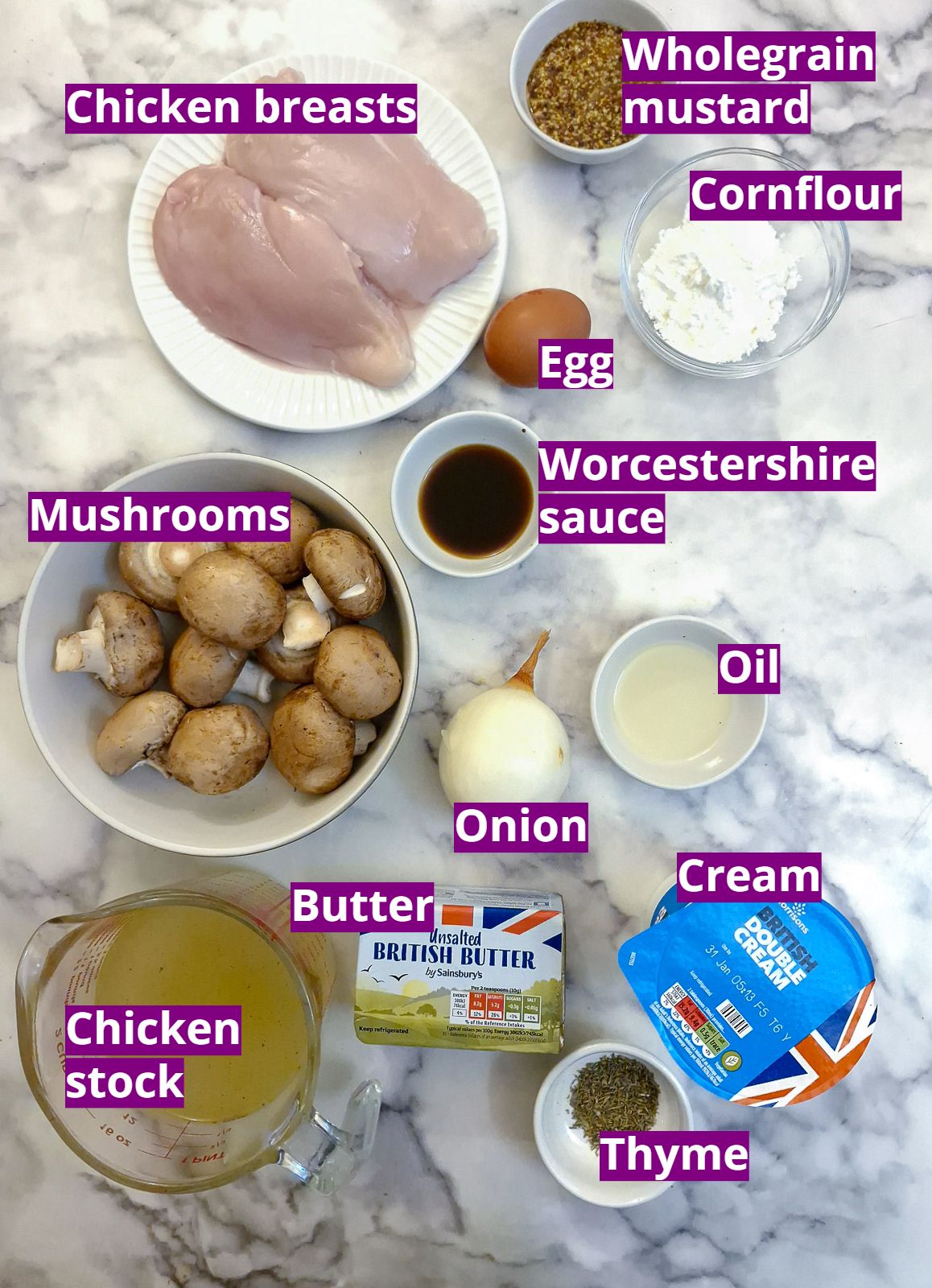 Ingredients you will need to make mushroom chicken with mustard sauce.
