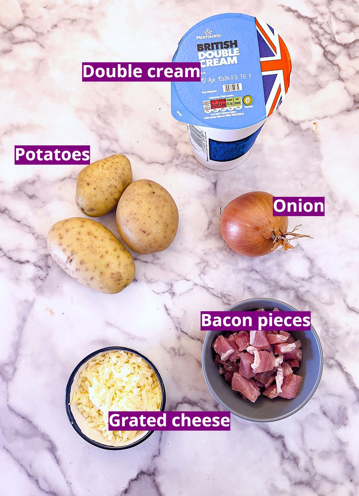 Ingredients for making a cheesy bacon and onion potato bake.