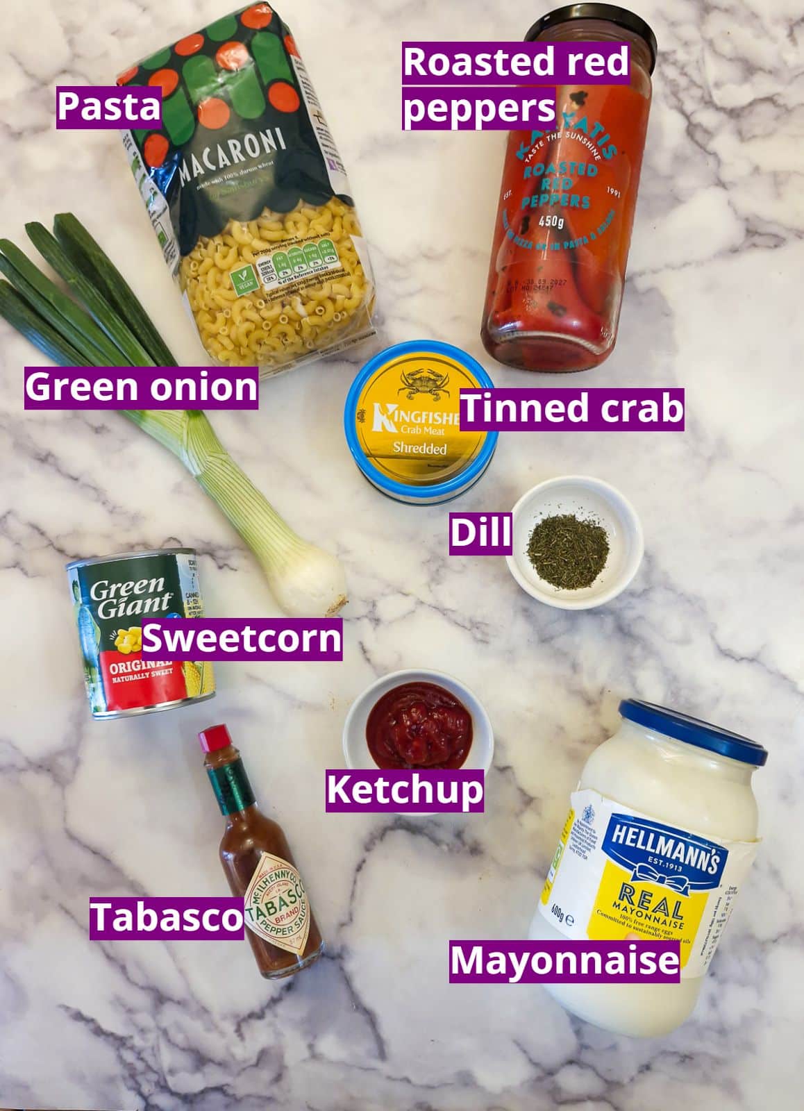 Ingrediients needed to make the crab pasta salad.