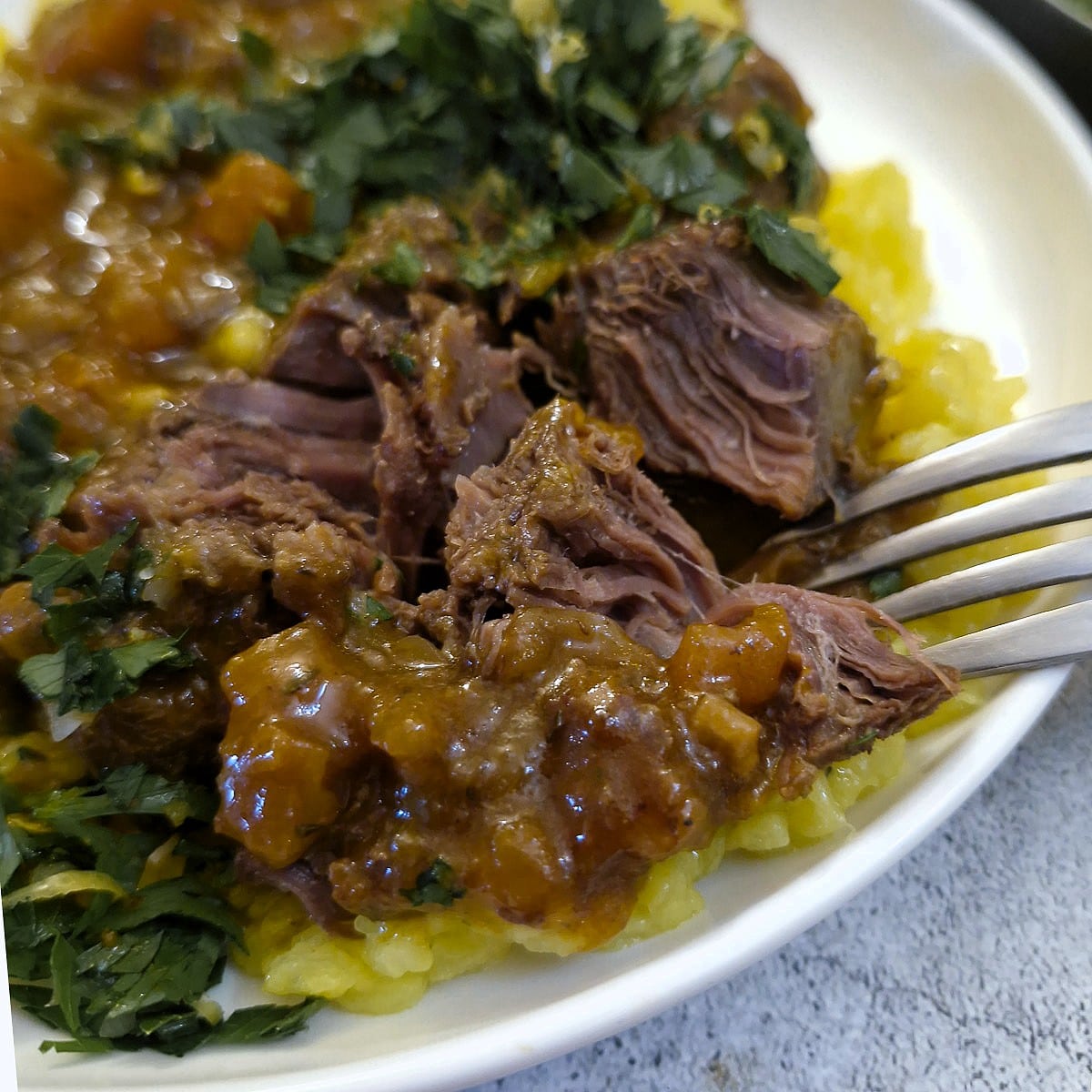 Close up of beef osso buco on a plate showing how the beef shreds at the touch of a fork.