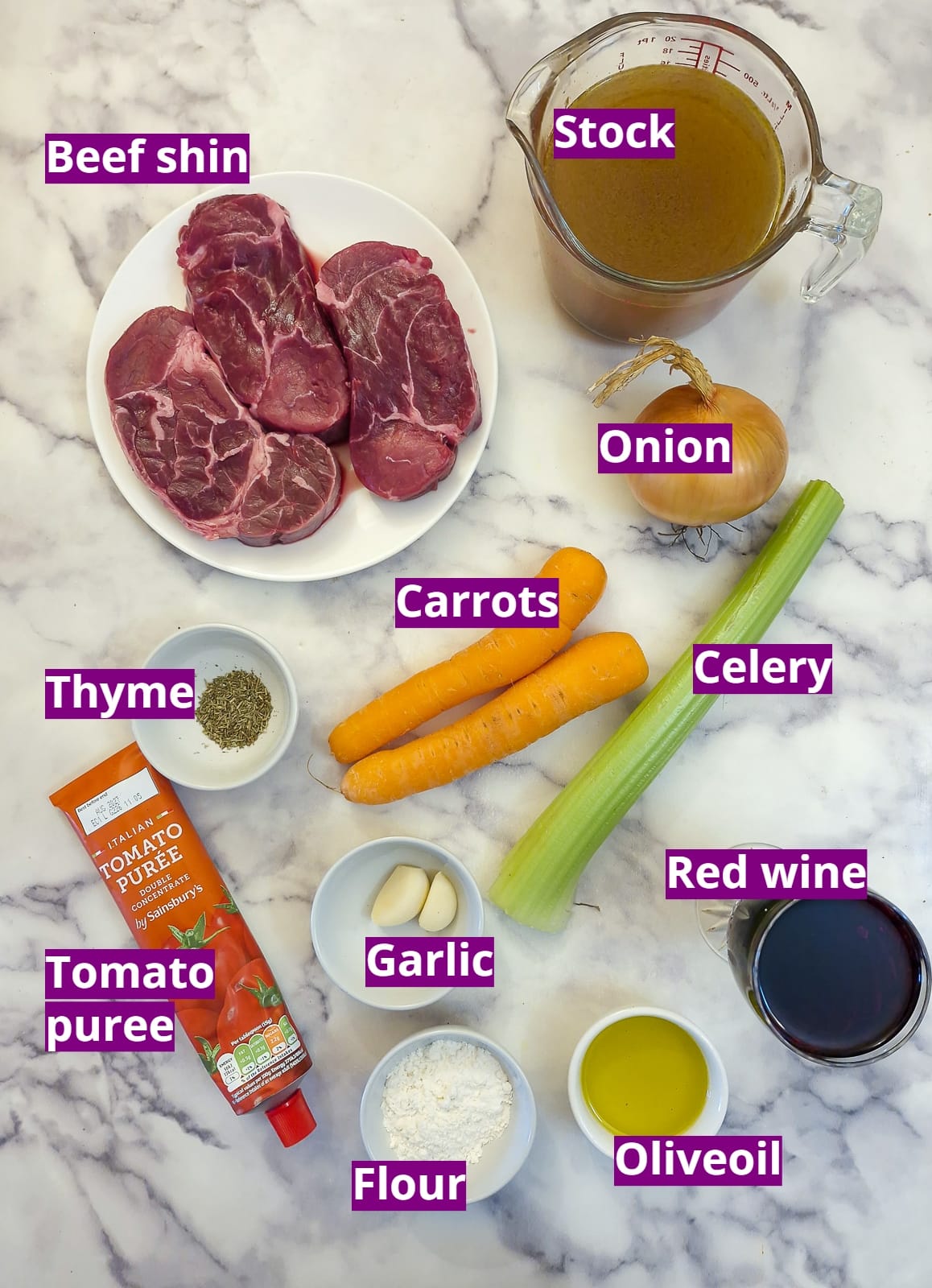 Ingredients for beef shin osso buco.