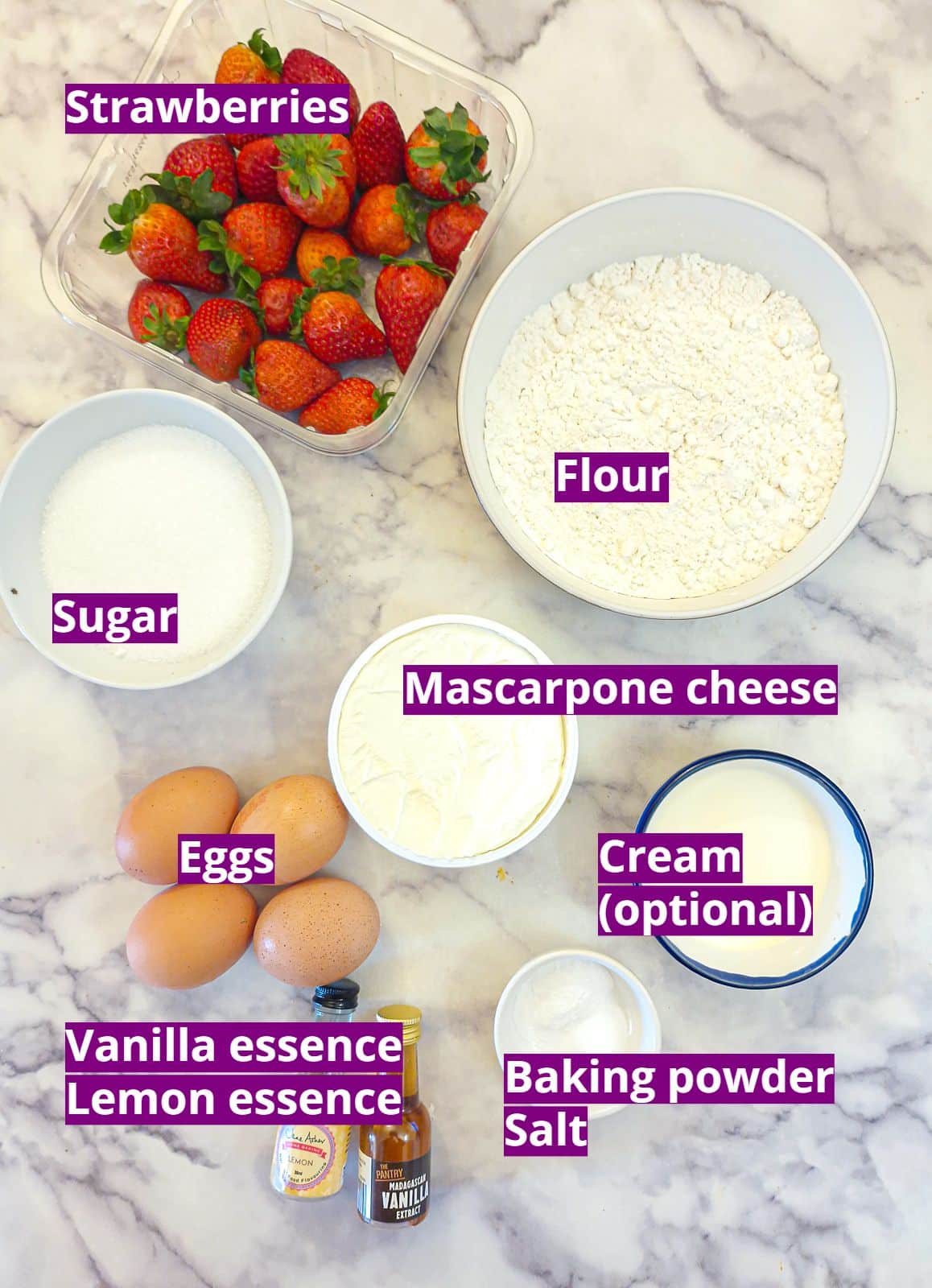 Ingredients needed to make a strawberry mascarpone cake.